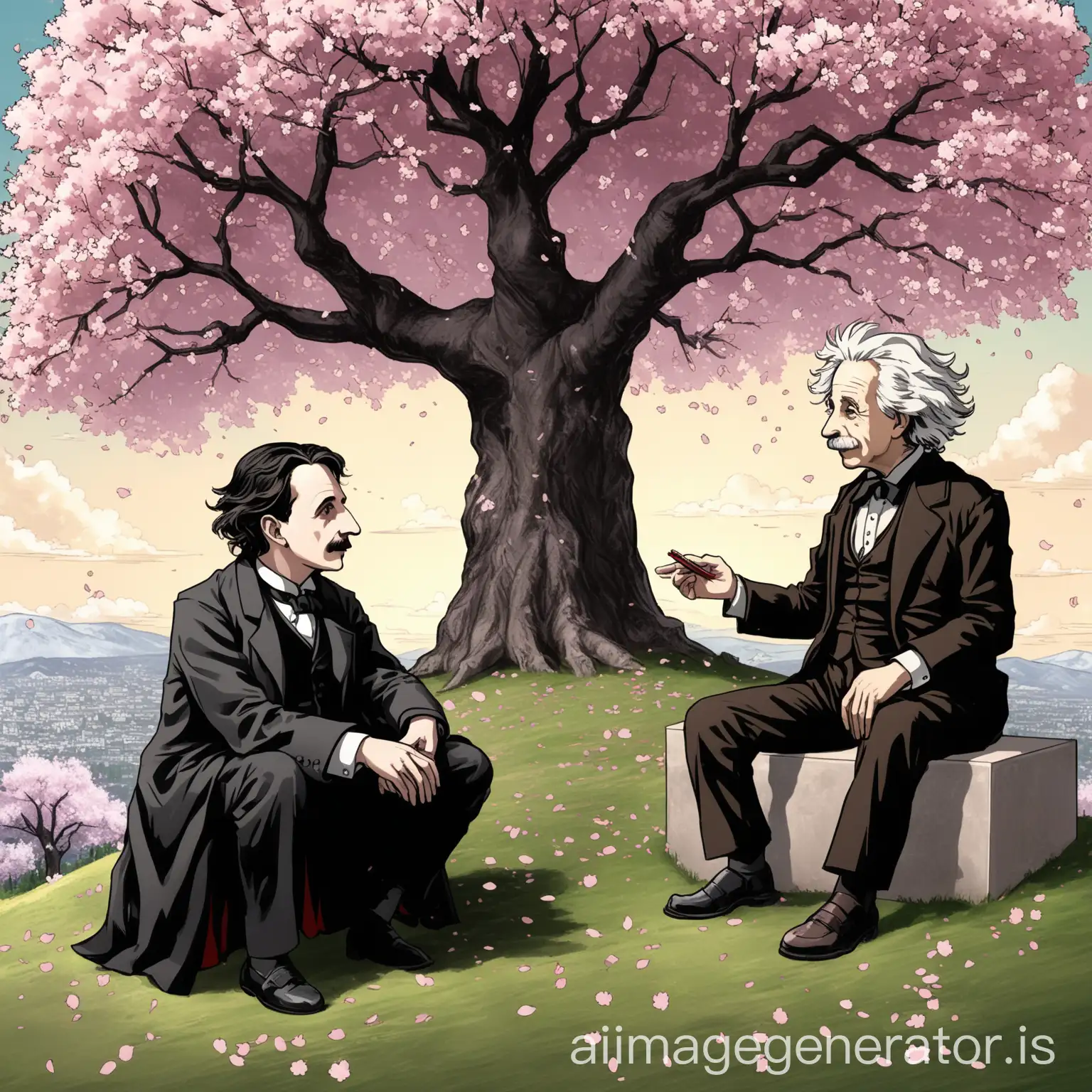 Nicola tesla and Albert Einstein discussing a math problem under a cherry blossom tree on top of a hill.