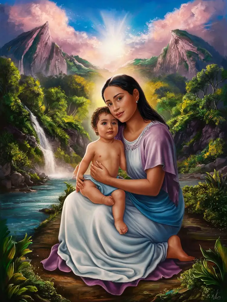 Digital painting of a beautiful,modern, Hispanic,  mother and child sitting together in nature, surrounded by the beauty of creation and reflecting on God's presence in their lives. The painting could capture the serenity and awe-inspiring wonder of nature, symbolizing the connection between a mother, her child, and the divine.