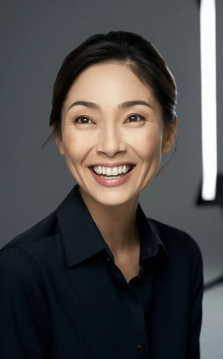 (close up portrait of a Beautiful woman of east asian descent),happy and smile expression, looking at camera, clean skin, brown eyes, wearing dark shirt, soft lighting, gray background, shallow depth of field, high-resolution image, studio shot, headshot, photographic realism.