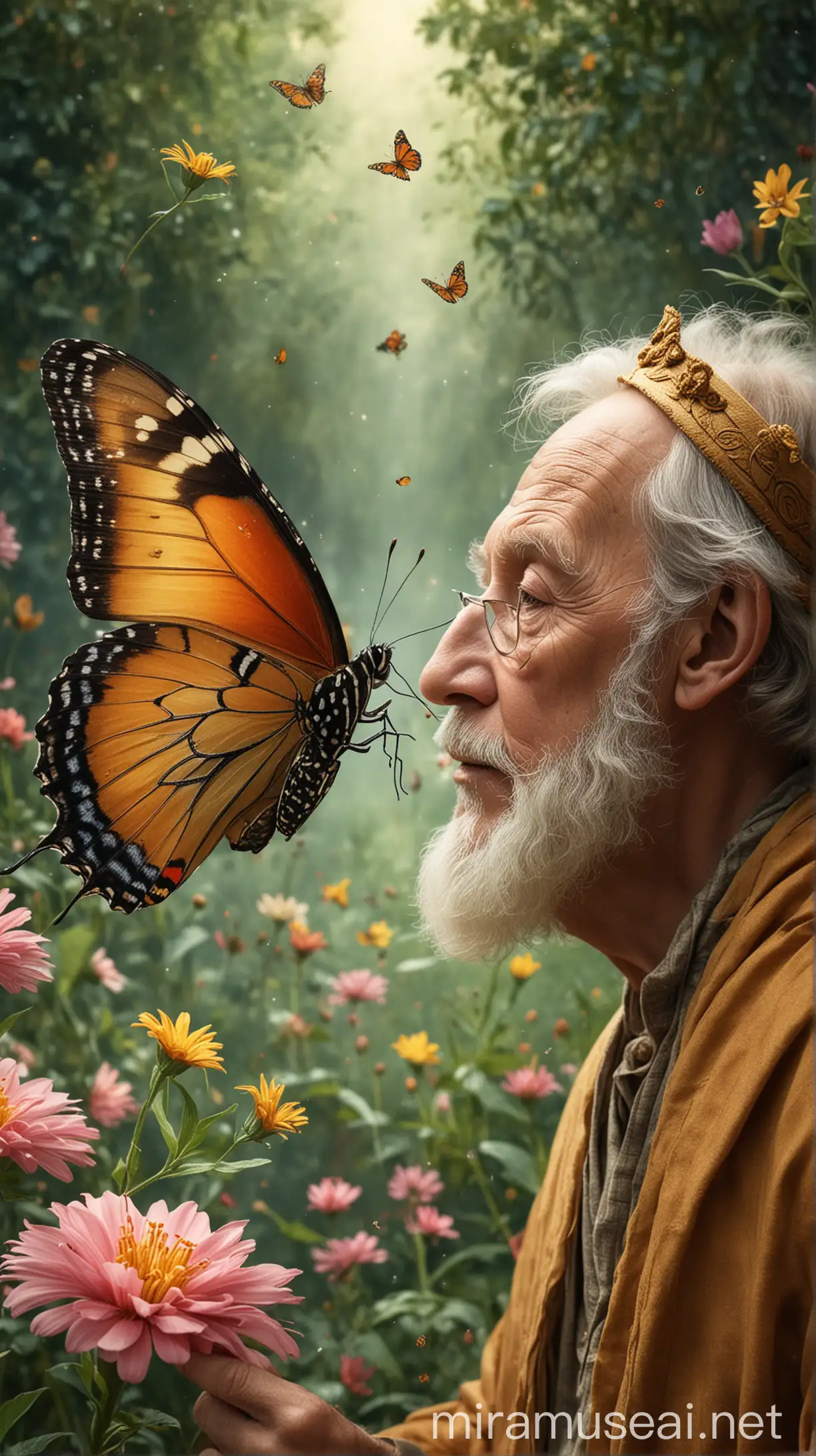 A wise man and a butterfly fluttering over a flower.