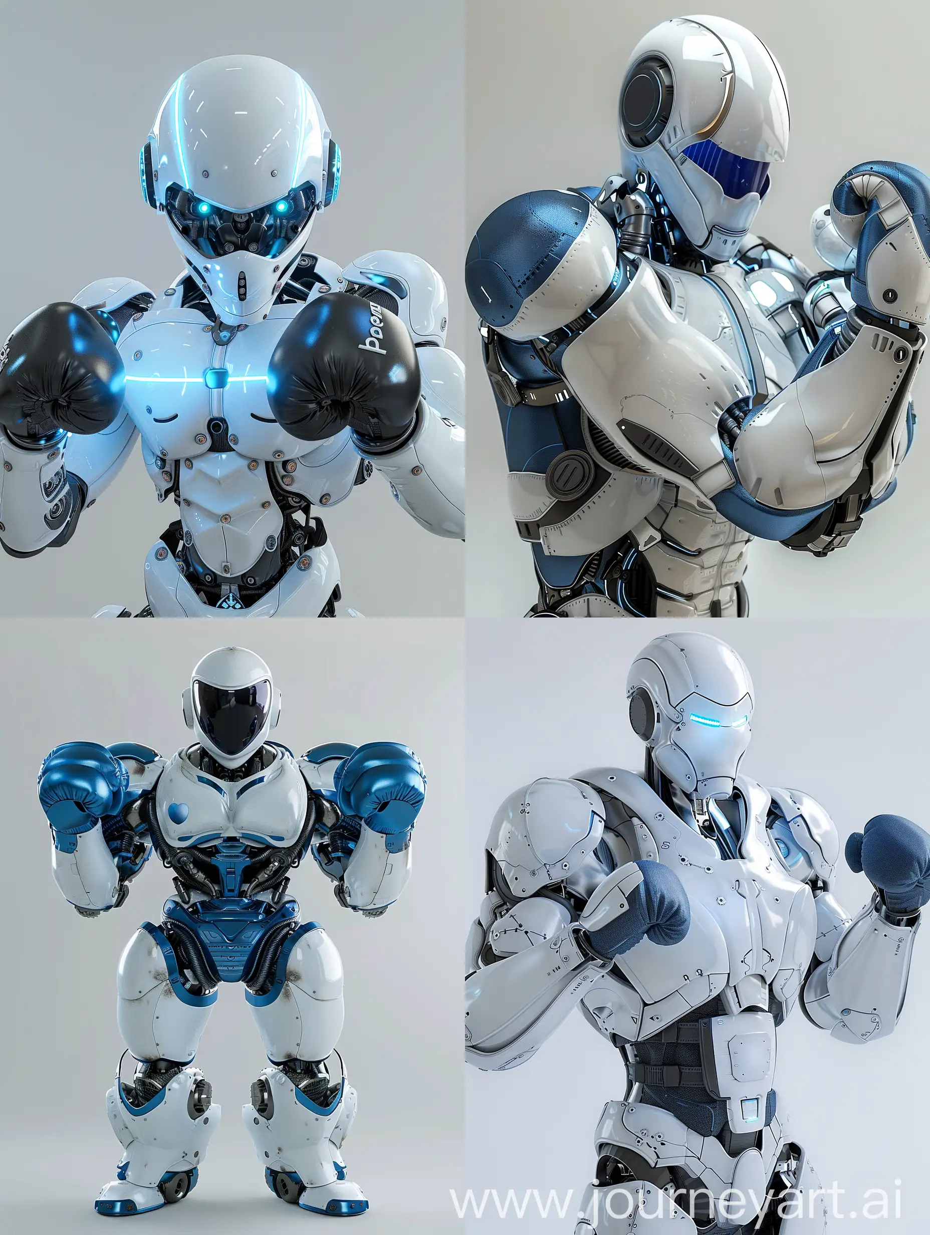cartoon, 3d, robot, white, blue elements, round shoulder pads, boxing gloves