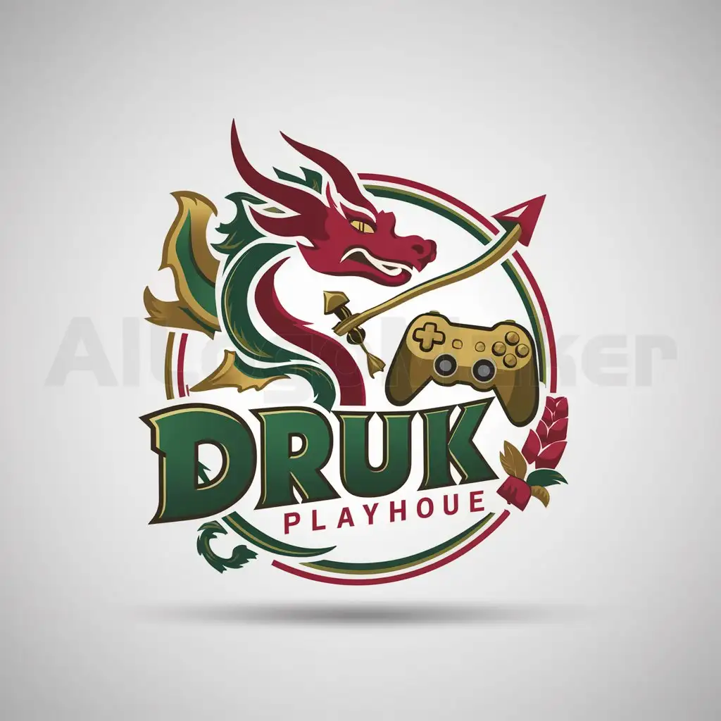 a logo design,with the text "Druk Playhouse", main symbol:Plain white background. Add a gaming controller next to the name. The whole design should be in a circle A stylized dragon intertwined with a traditional Bhutanese bow and arrow, symbolizing archery. Elements of Khuru (traditional Bhutanese dart game) subtly integrated into the dragon’s design. Colors: A combination of vibrant red, green, and gold to represent Bhutanese culture and the vibrancy of games.,Moderate,be used in Entertainment industry,clear background