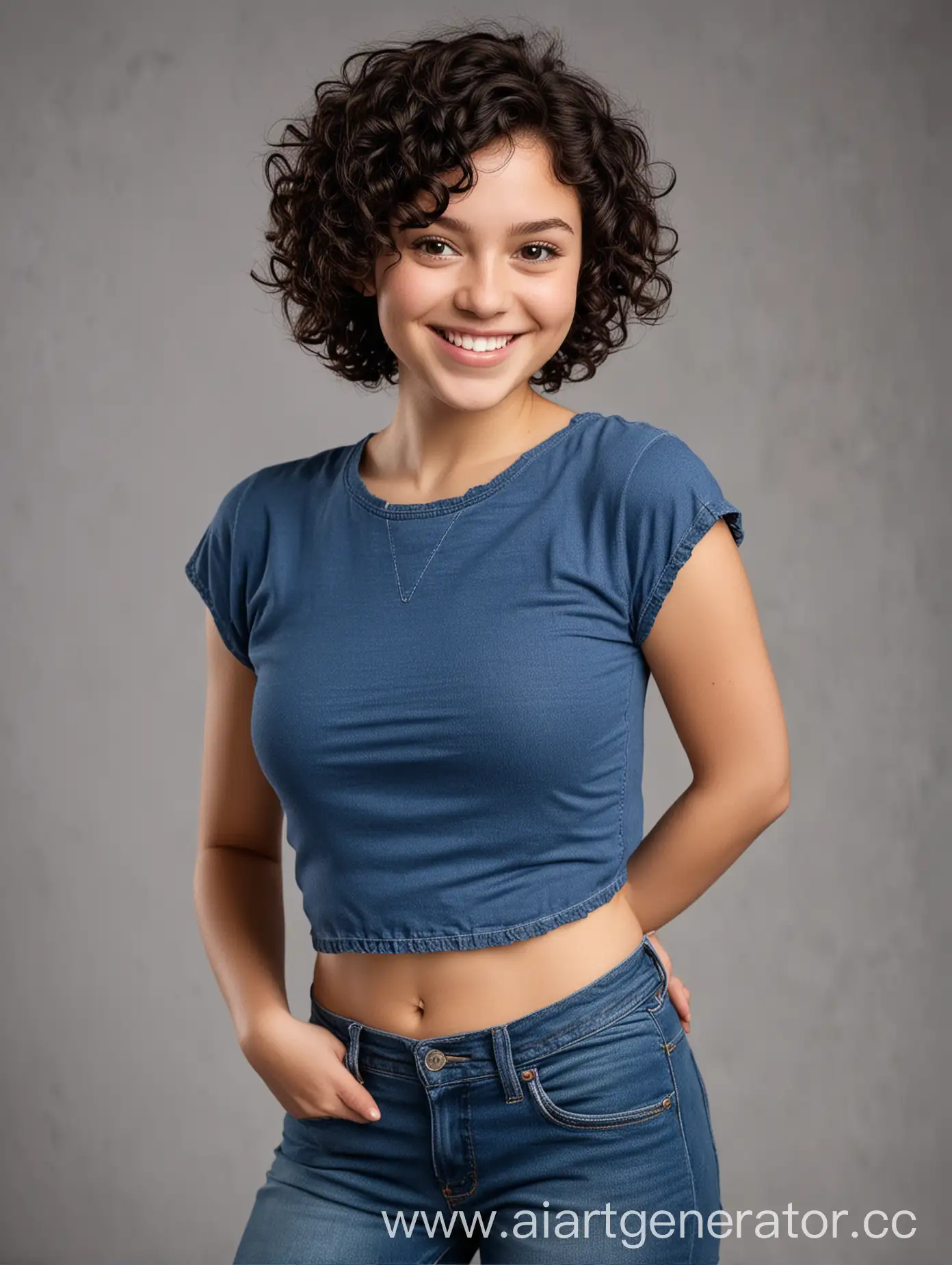 a short girl with very short dark curly hair, a sweet smiling face, wears a blue top and blue jeans