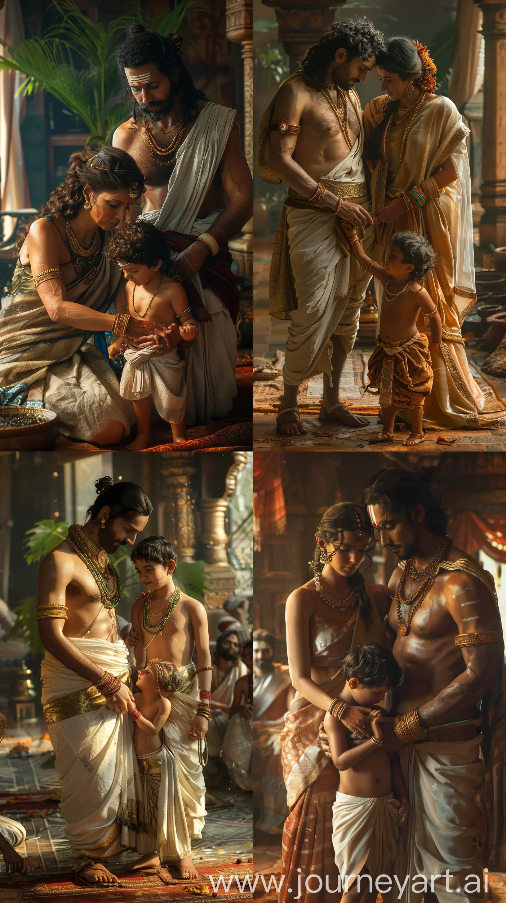 Hyper realistic image of a couple from ancient Indian times, raising their boy, they're teaching their son how to walk, ancient times, ancient vibes, indoors, intricate details, 8k --s 200 --ar 9:16 --v 6
