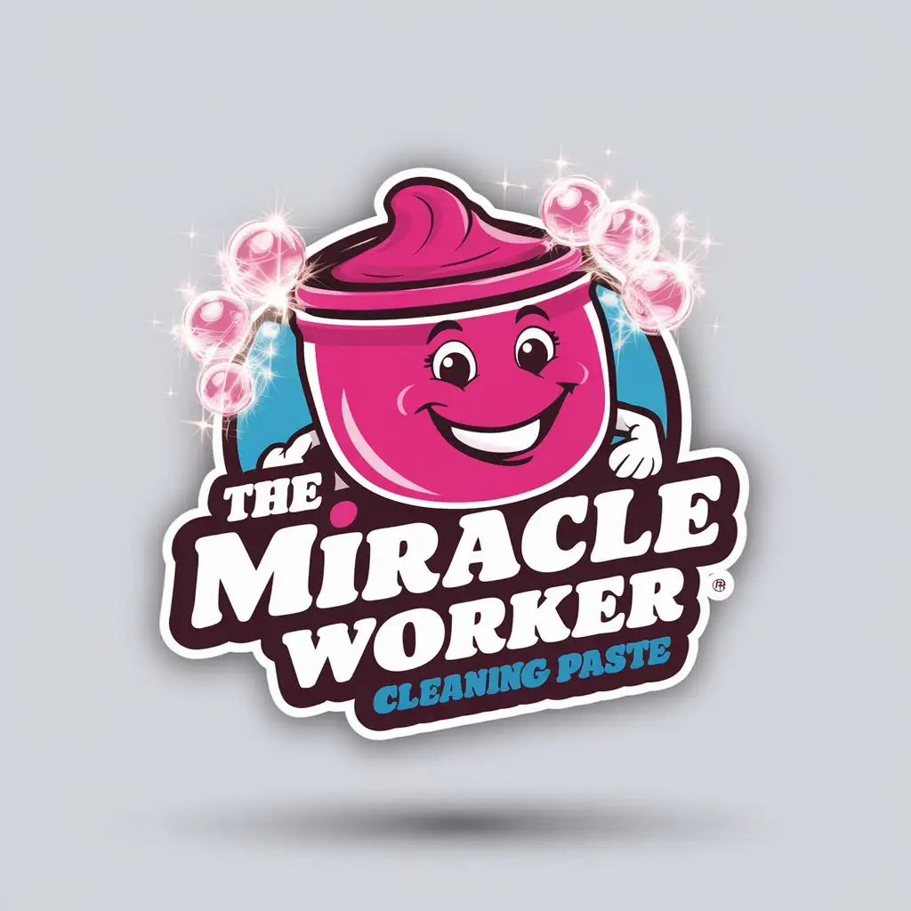 a logo design,with the text "The Miracle Worker Cleaning Paste", main symbol:Create a flat vector, illustrative-style hot pink family friendly female mascot logo design for a cleaning product brand named 'The Miracle Worker Cleaning Paste', featuring a cheerful, female anthropomorphic paste jar character with sparkling pink bubbles around it. All-Nature, Non-Toxic Use vibrant colors like bright pink and light green to represent safety and cleanliness against a white background. Do not show any realistic photo detail shading.,Moderate,clear background