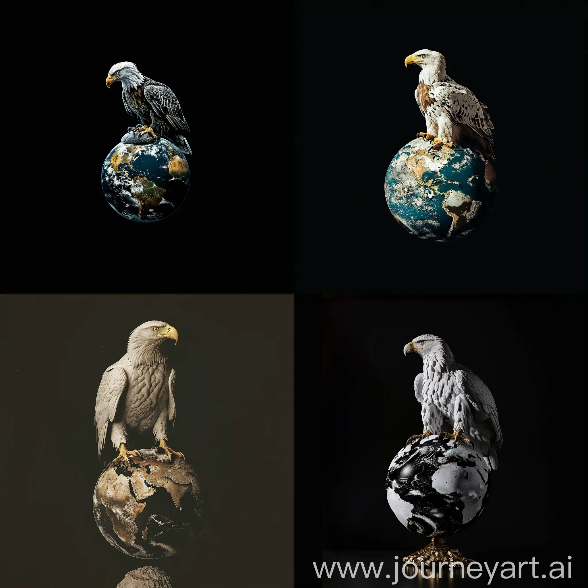 Strict minimalism, black background, in the center a white golden eagle sitting on the globe, holding it in its claws
