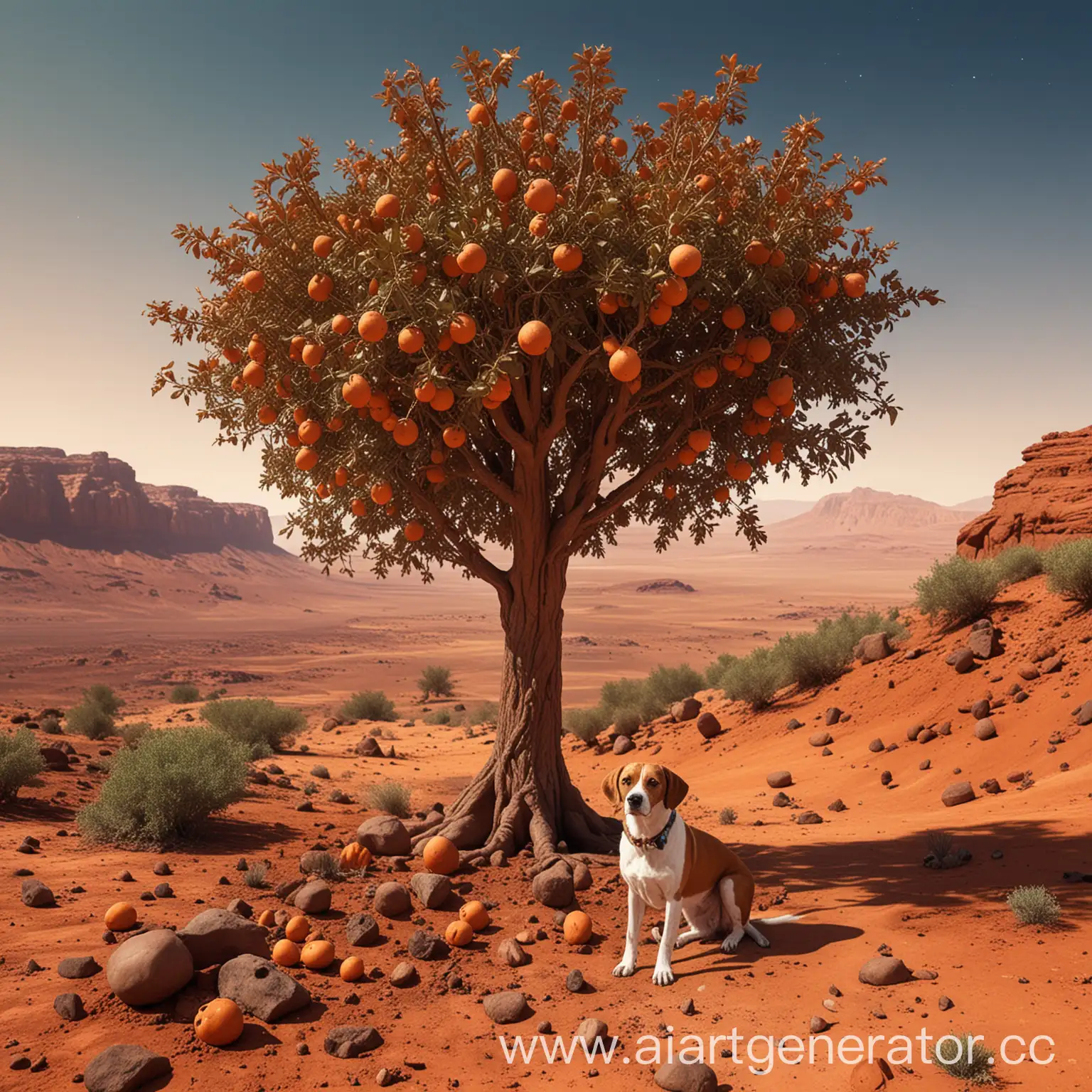 Mars-Crater-Landscape-with-Rocket-Tree-and-Hunting-Dog