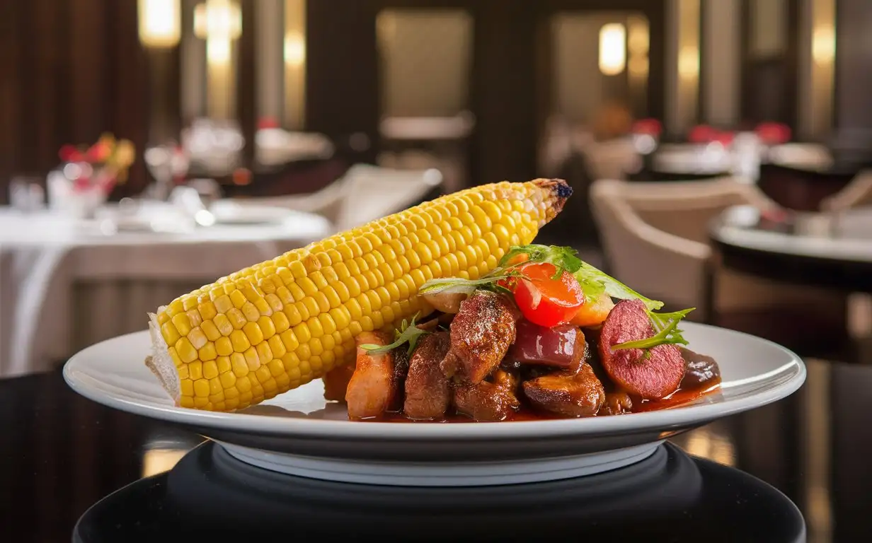 A plate of corn,BBQ,mouthwatering and enticing presentation, Very real colors and comfortable light.Looks like it's in a fancy restaurant
