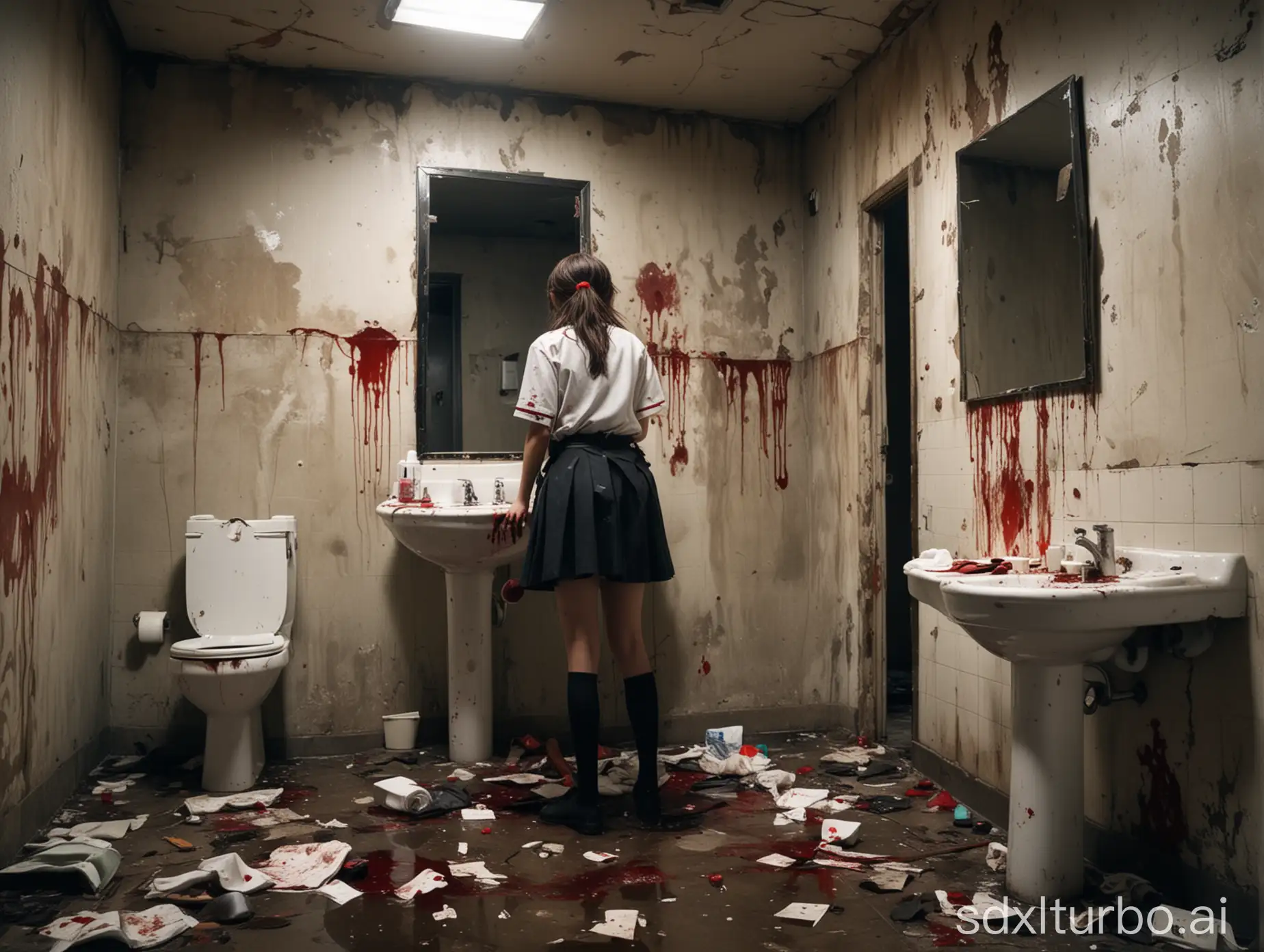 in a abandoned and ruined, dirty and messy restroom, there's bloodstains in the toilet, there's a large mirror, there's a washbasin, next to the washbasin is a female student, the female student is wearing a jk school uniform, the scene is dim and dark