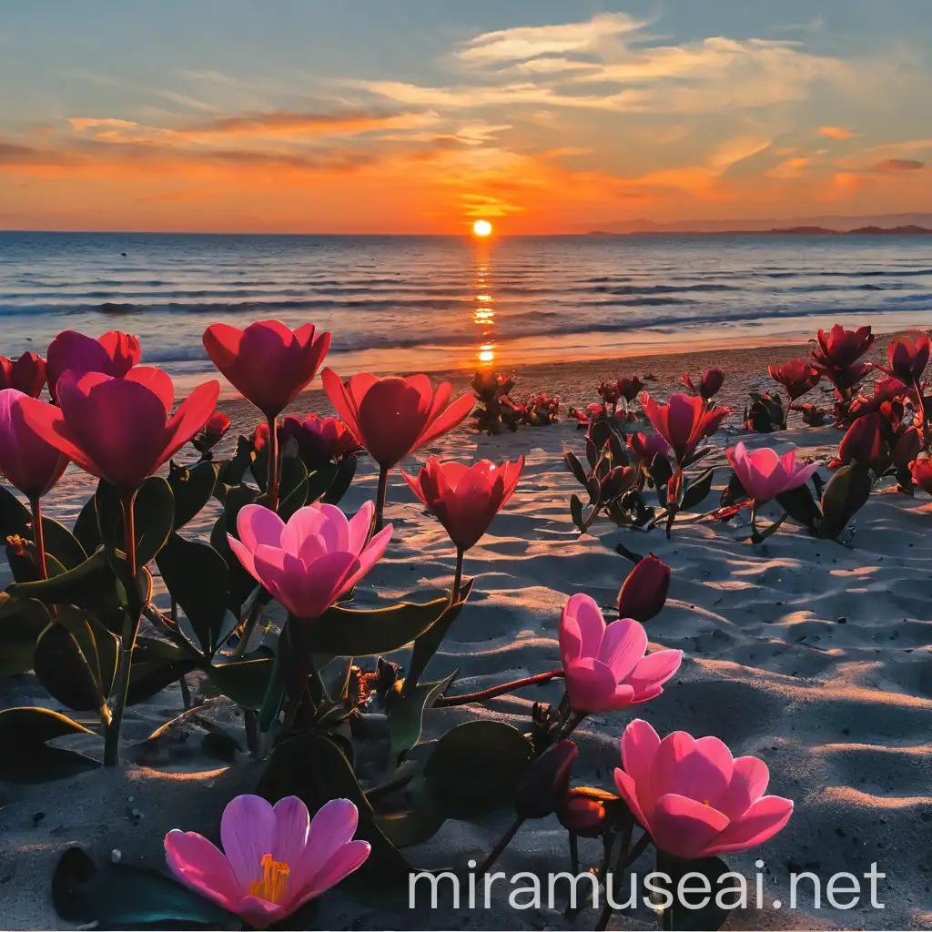 Colorful Sunset Beach Scene with Flower Inserts
