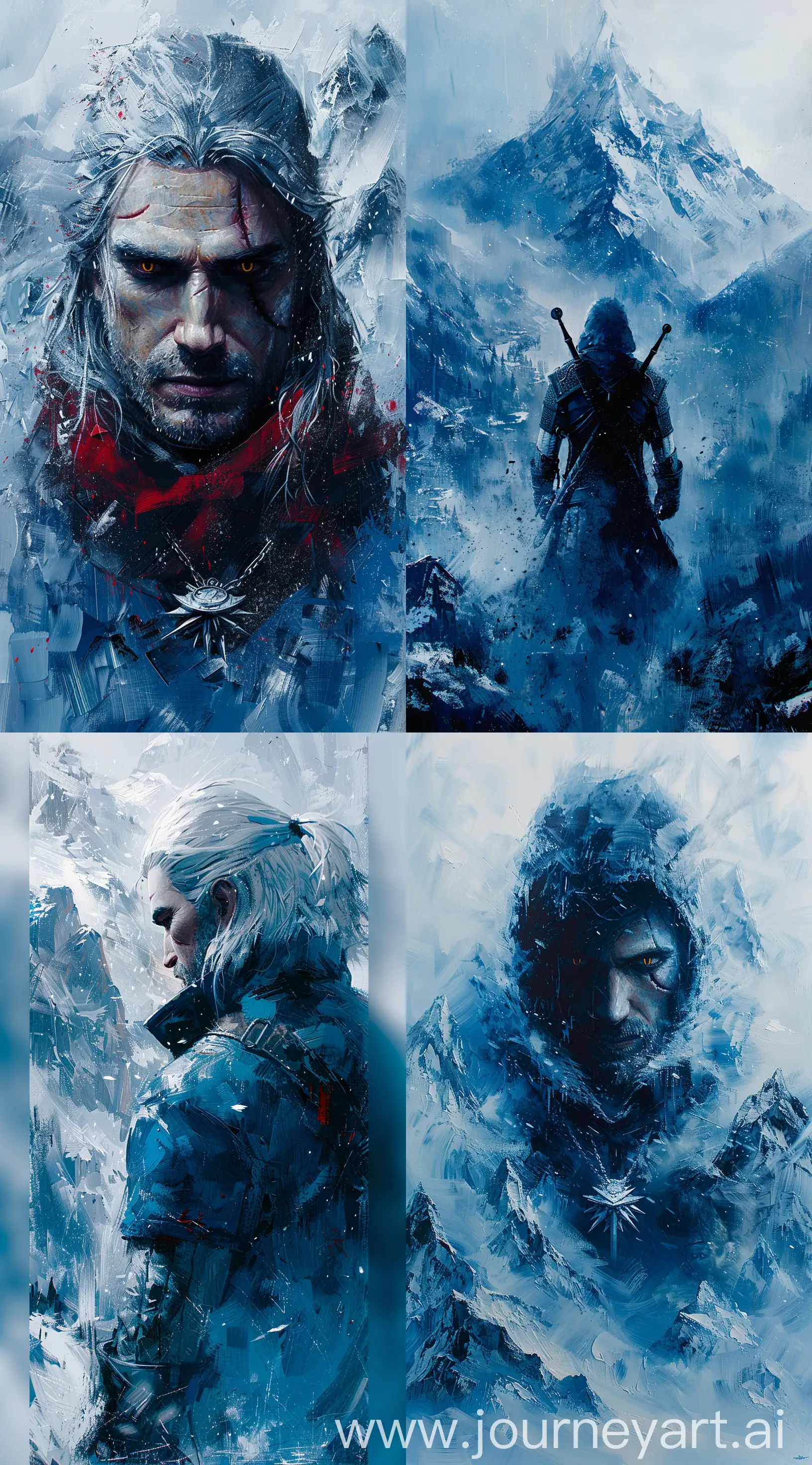 the Witcher wallpaper, in the style of brushwork exploration, light blue and indigo, expressive figure painting, mountainous vistas, snow scenes, industrial paintings, close up --ar 71:128 --stylize 750 --v 6