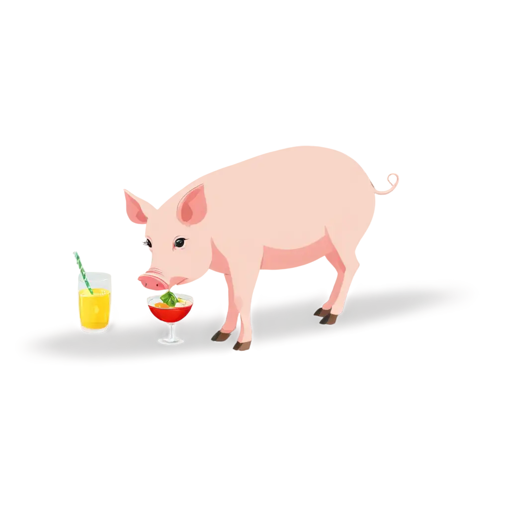 Vibrant-Cartoon-Illustration-Cheerful-Pig-Savoring-a-Cocktail-in-PNG-Format