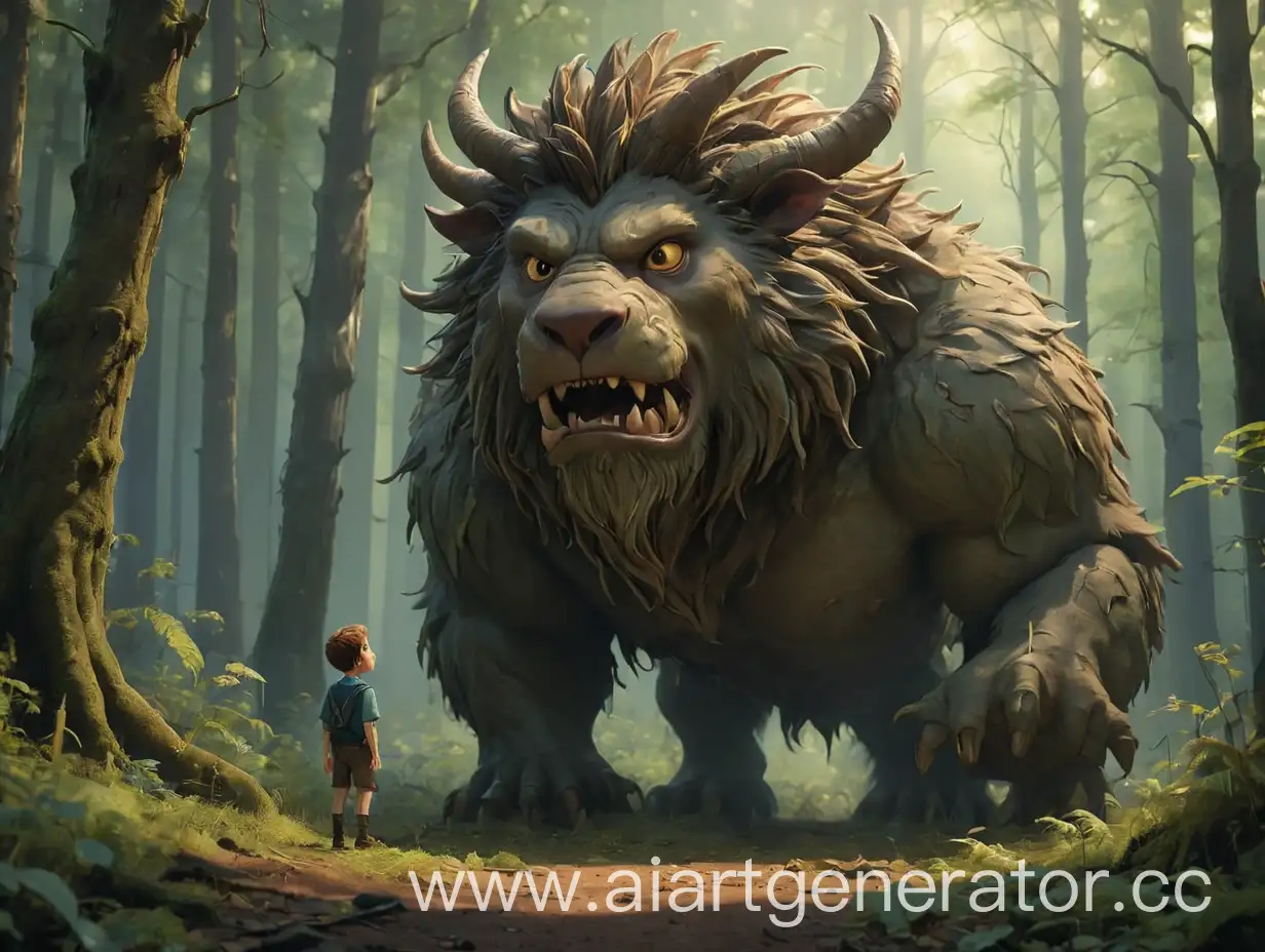 Мальчик Джем который шел по лесу встречает магического зверя который стоит перед ним.
