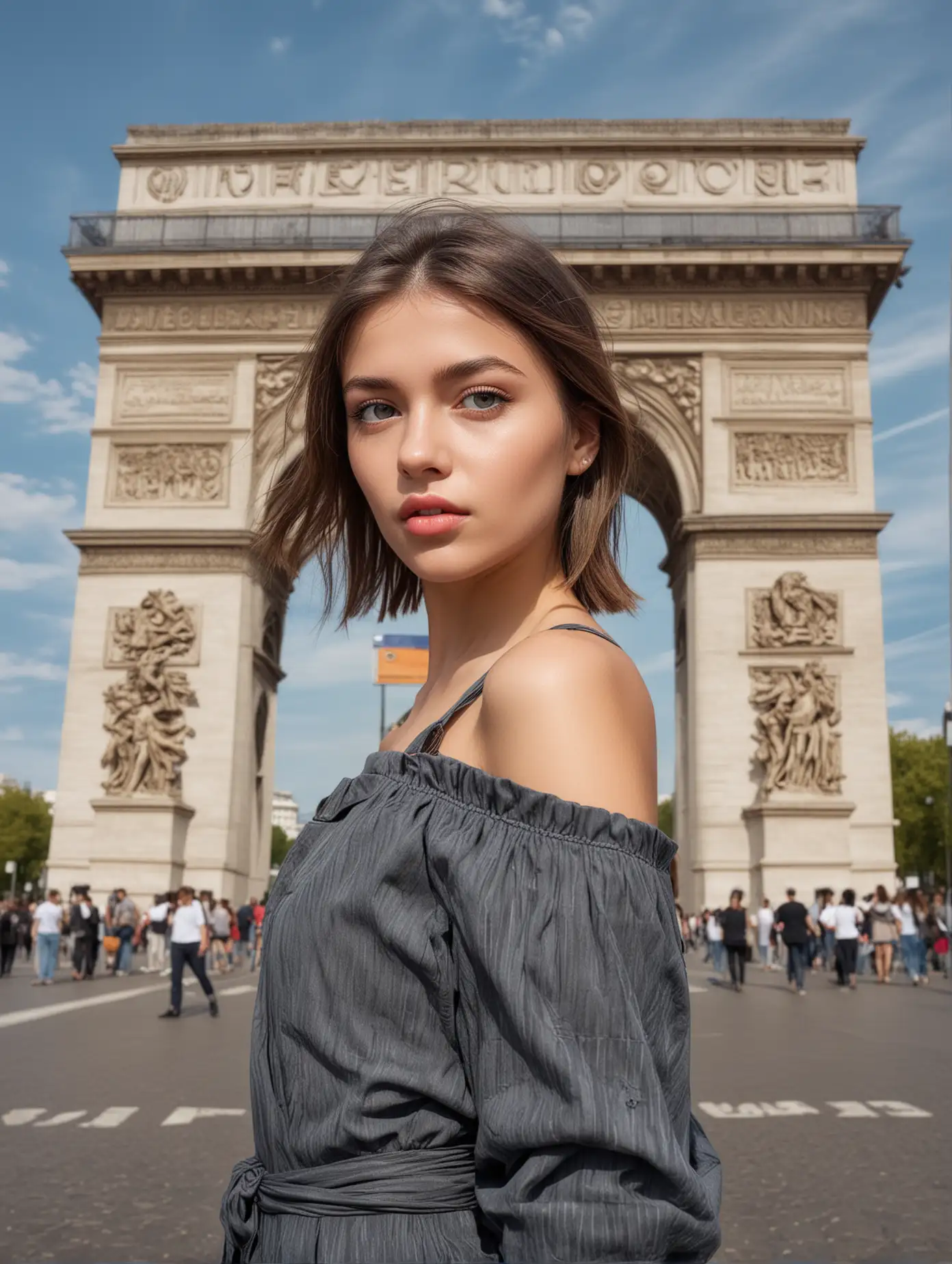 A Ukrainian girl in fashionable and sexy clothes, with exquisite facial features, facing the camera, in front of the Arc de Triomphe, professional photography technology