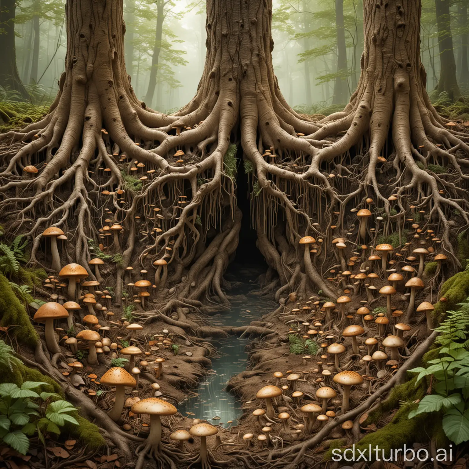 Underground forest scene showing interconnected tree roots and mushroom networks, illustration of nutrients and water sharing through tree root webby fungal strands.