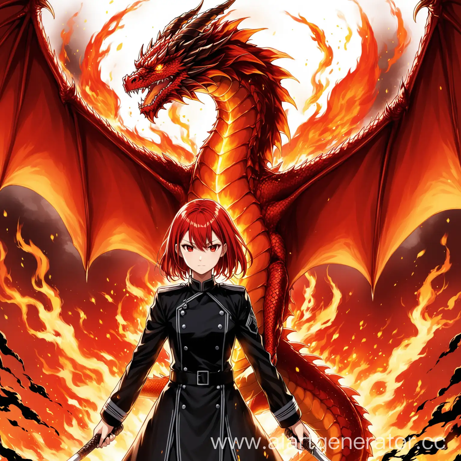 девочка 16 лет с короткими красными волосами и алыми глазами одетая в черную форму а позади девушки стоит огненный красный дракон