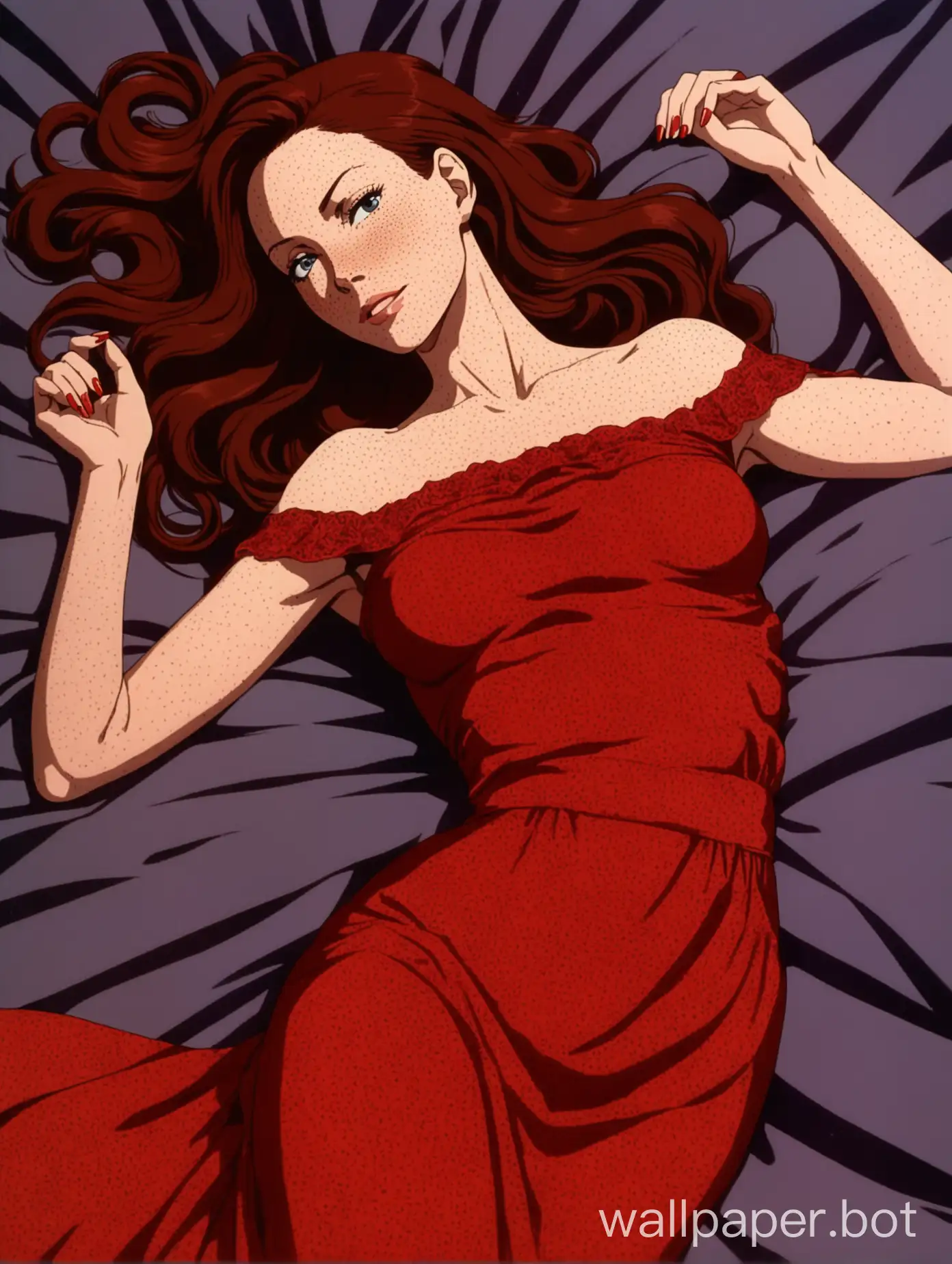 full body view, an attractive 30-year-old woman with long dark red hair, laying on her back, thin and sharp features, pale and Swedish, seductive and youthful, milf, slight smile, freckles, wearing a sheer red off-the-shoulder dress, she looks like Rebecca Ferguson, 1980s retro anime