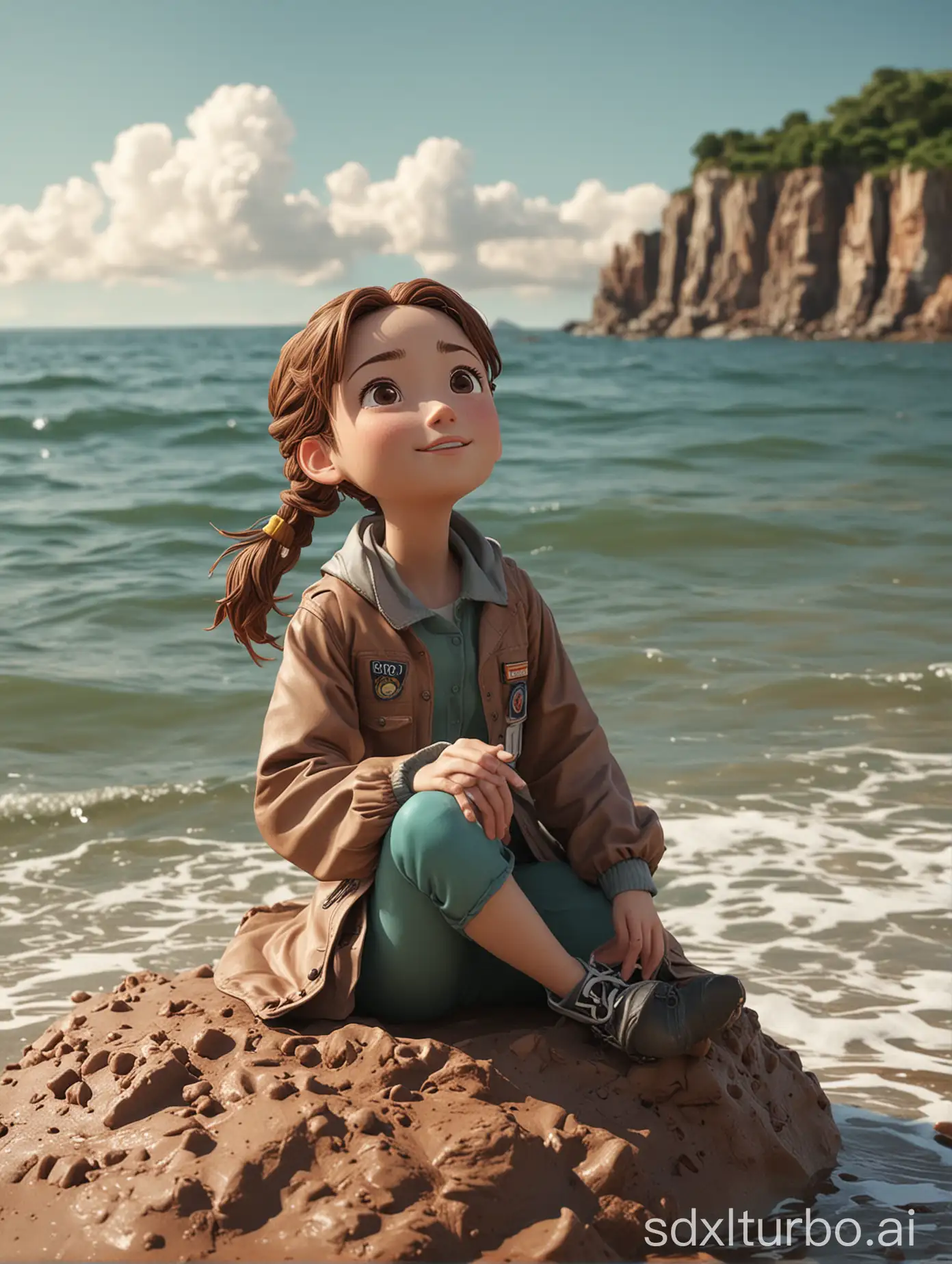 renyu tuling,1girl,solo,brown hair,looking up,sitting,ocean,day,arm up,sky,ponytail,water,jacket,outdoors,landscape,seaside,Clay style,
A fine clay model using clay material,clay texture,clay texture texture,dynamic Angle,dynamic pose,In the style of clay animation,stop-motion animation,3D cartoon characters,using plasticine material,
The artwork is done in a clayey style with plasticine materials,percussive visuals,surreal dreamlike style,
<lora:renyu tuling_20240505195328:0.8>,renyu tuling,