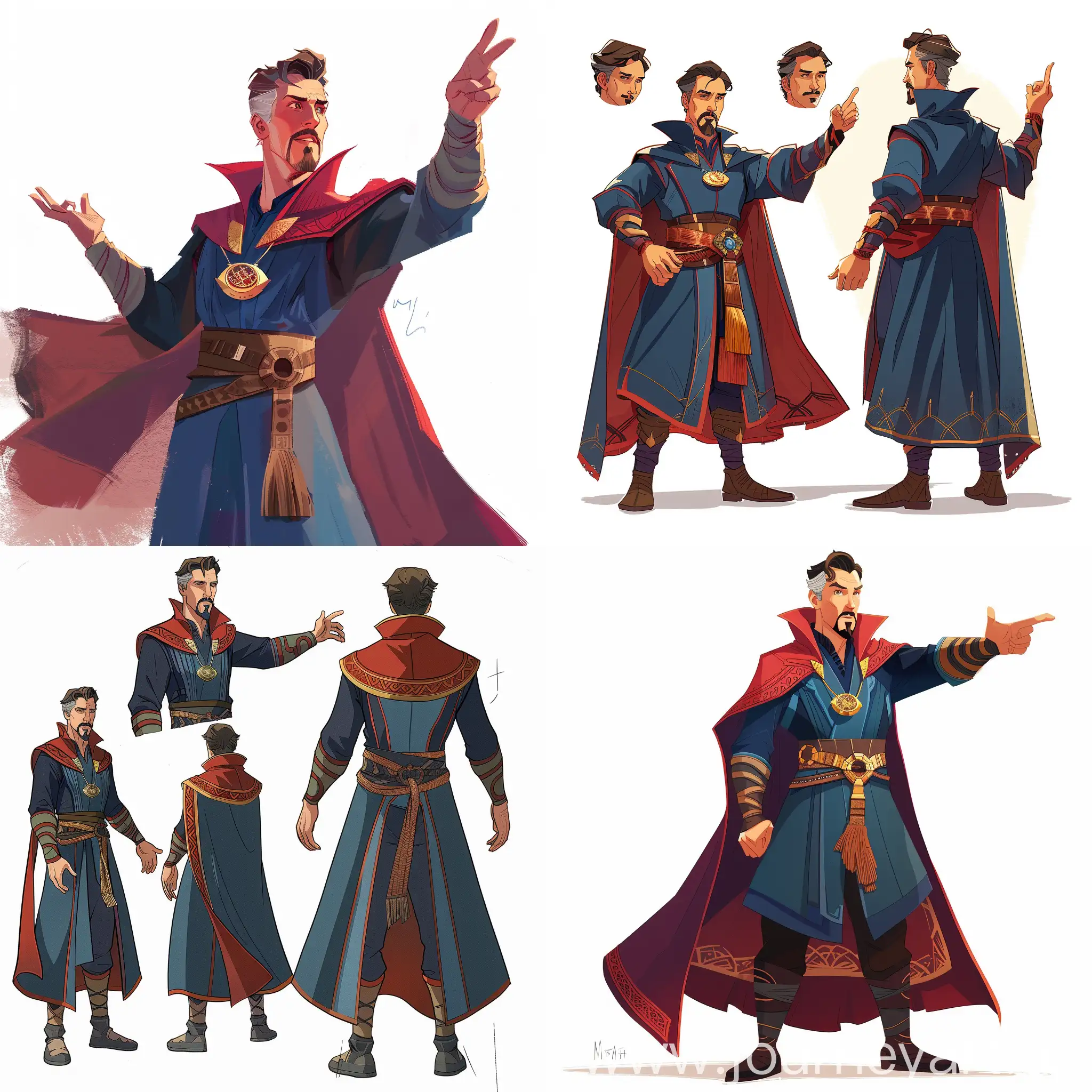 Topic: The character of Doctor Strange.
Illustration pattern: Following the illustration related to the Marvel Studio animation, called: What if..
Character description: He is wearing his own clothes but without a cape, the details of the clothes are relatively low, the details and facial reactions are expressive.
He is facing the audience in the first person and pointing to his right side and to the right side of the picture frame, he is standing upright and has a dignified style but with a little smile and mischievousness on his face and a little curious but mysterious style, which invited him to accompany him. he does.