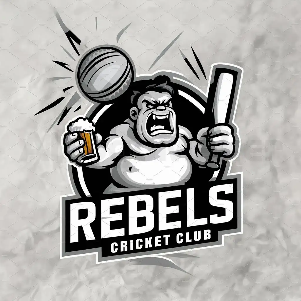 a logo design,with the text "Rebels Cricket club", main symbol:angry fat batsmen with beer in hand and bat in other hand while bowl is in air,complex,be used in Sports Fitness industry,clear background
