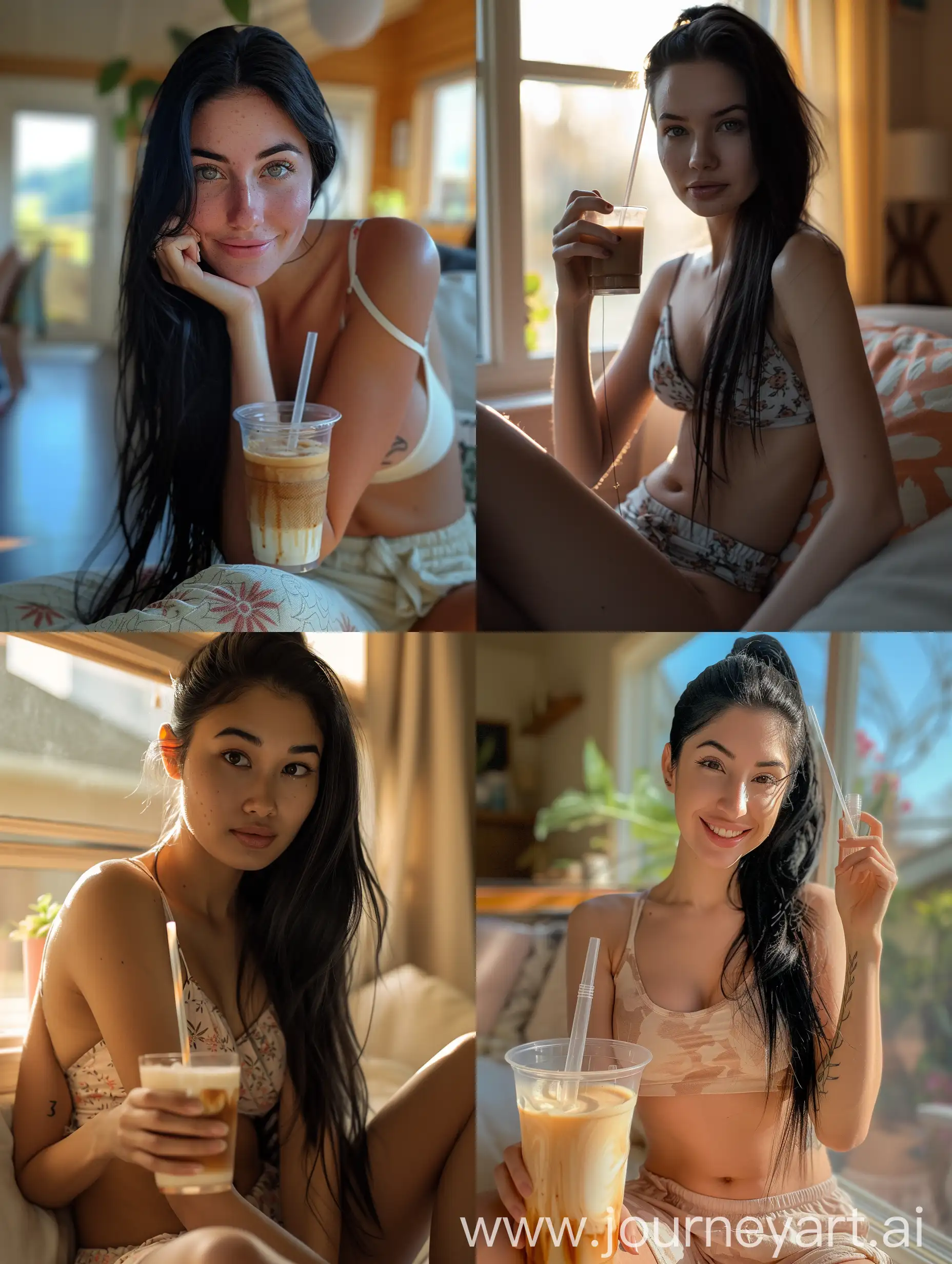 Raw photo, solo female, american, best quality、high resolution, photorealistic, hyper detailed, beautiful woman with (long brushed black hair:1.2), taken (webcam photo angle:1.2,), ((wearing complete top and bottom loungewear:1.1)) comfy clothing, (interior cozy suburban home, (afternoon)), sitting with coffee drink and straw, (comfortable), lovely sweet woman, dimples, ultra high res, RAW, relaxed arms, (hands are not in her lap), open, inviting gestures, warm and pleasant, posting from home living room, intimate POV, (she's close to webcamera:1.1))、a beautiful woman (High detailed skin:1.2), detailed eyes, ((video call))l asmr pov, (blushing:1.7,smiling:0.3, ), Leica camera quality, Digital SLR, Soft lighting, High quality, FujifilmXT3, afteroon sun、Taken inside her home、Sit down close to her, skin peachfuzz and pore details, radiant、natural Golden blonde hair in ponytail, A slight smile、american south Swedish, eye gazing with her, intimate relaxed style photoshoot