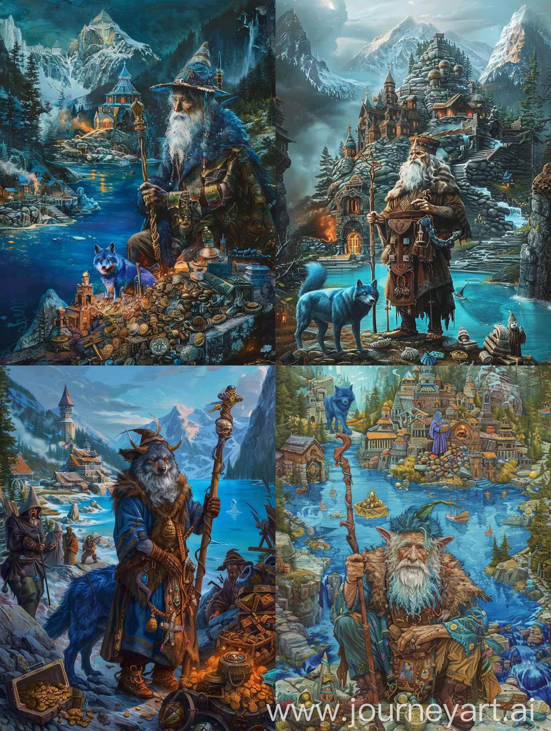 голубое озеро, старый шаман с посохом, голубой волк, монастырь ,ведьмы и колдуны, большая куча сокровищ