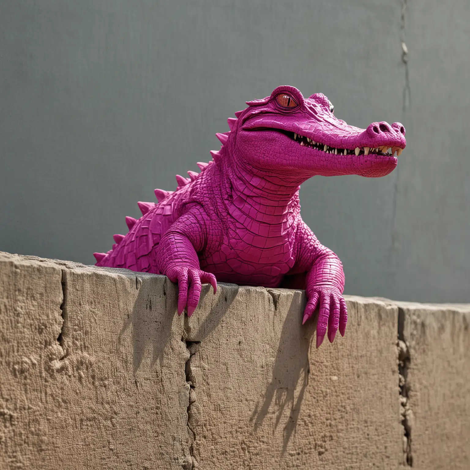 a magenta crocodile sitting on a wall