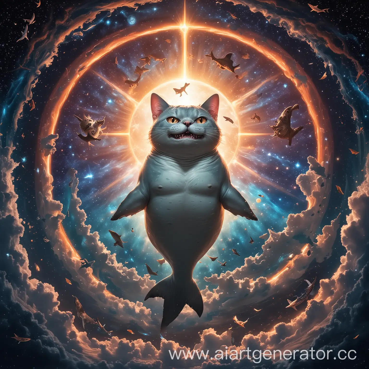 божество представляющее из себя акулу с головой кота витает в вечном космосе .Сделай свечение вокруг божества для грационзнсти