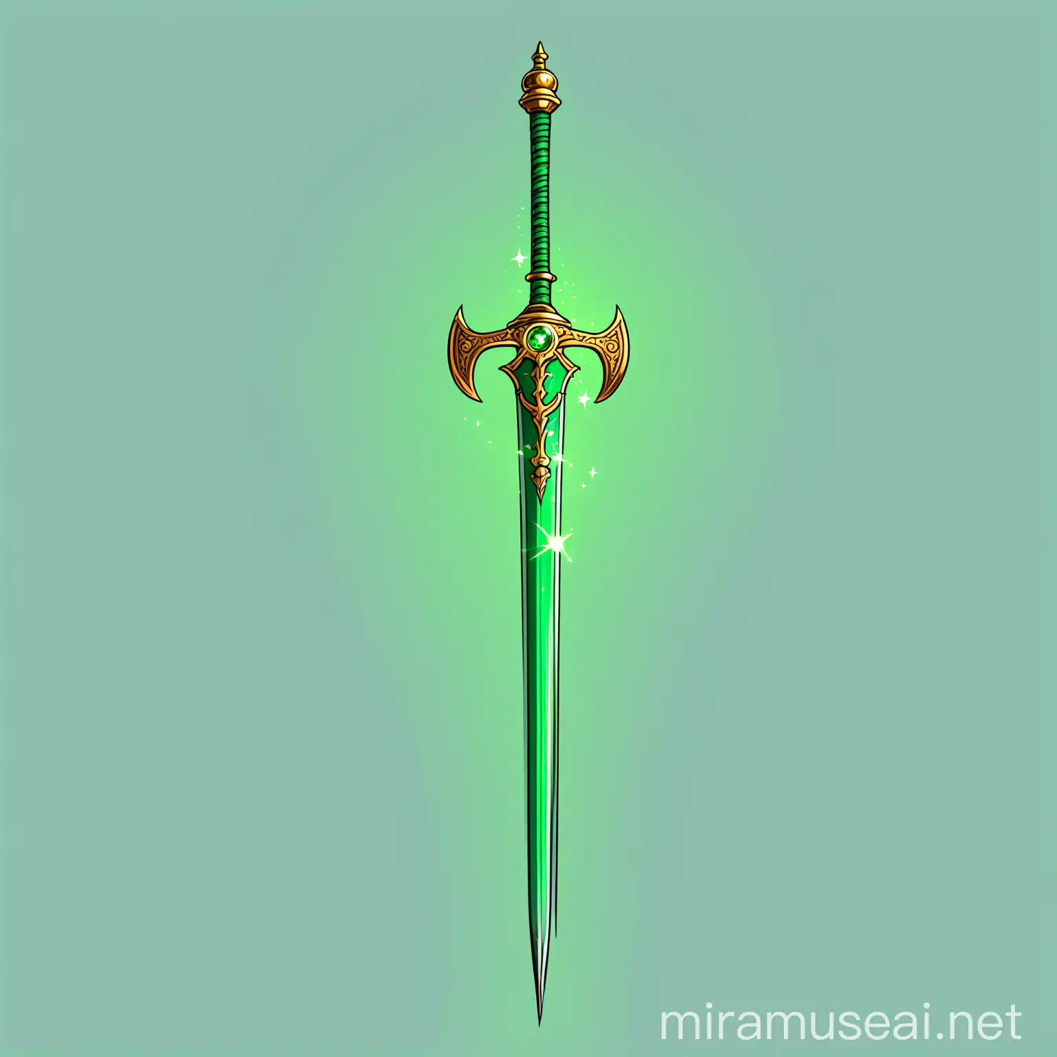 Fantasy Green Rapier on White Background Cartoon Magic Weapon