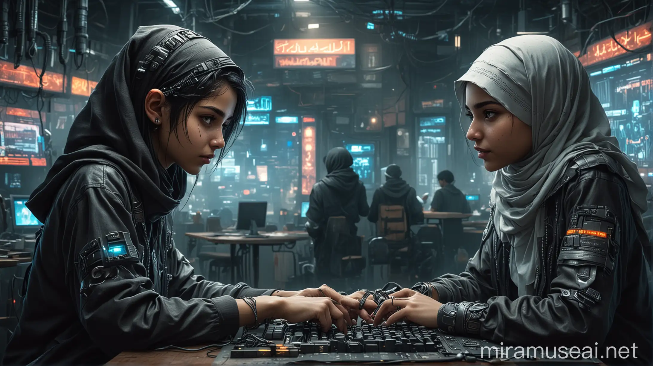 Cyberpunk Style 18YearOld Student and Muslim Girl Playing Game