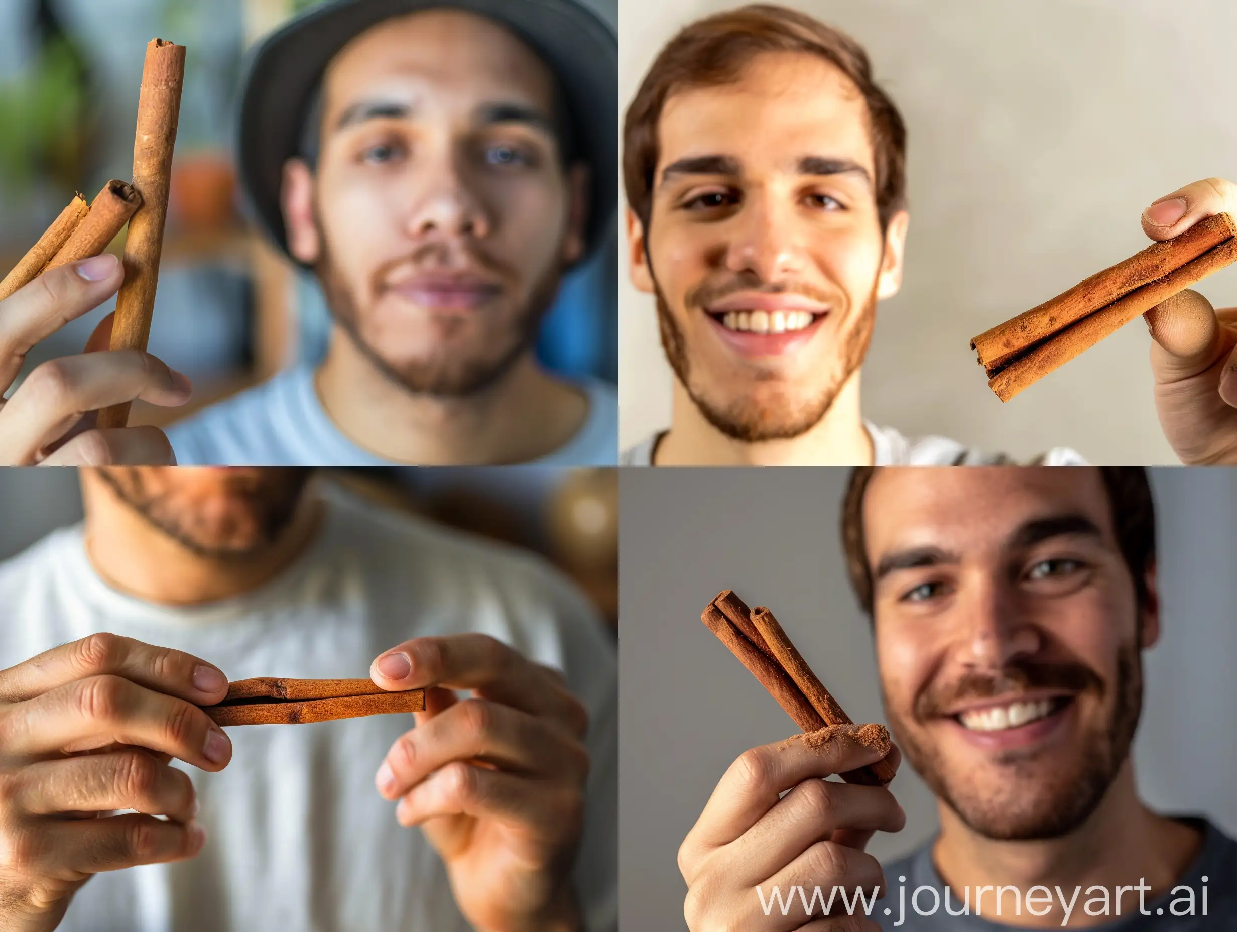 A photo of a man holding a cinnamon stick and showing it