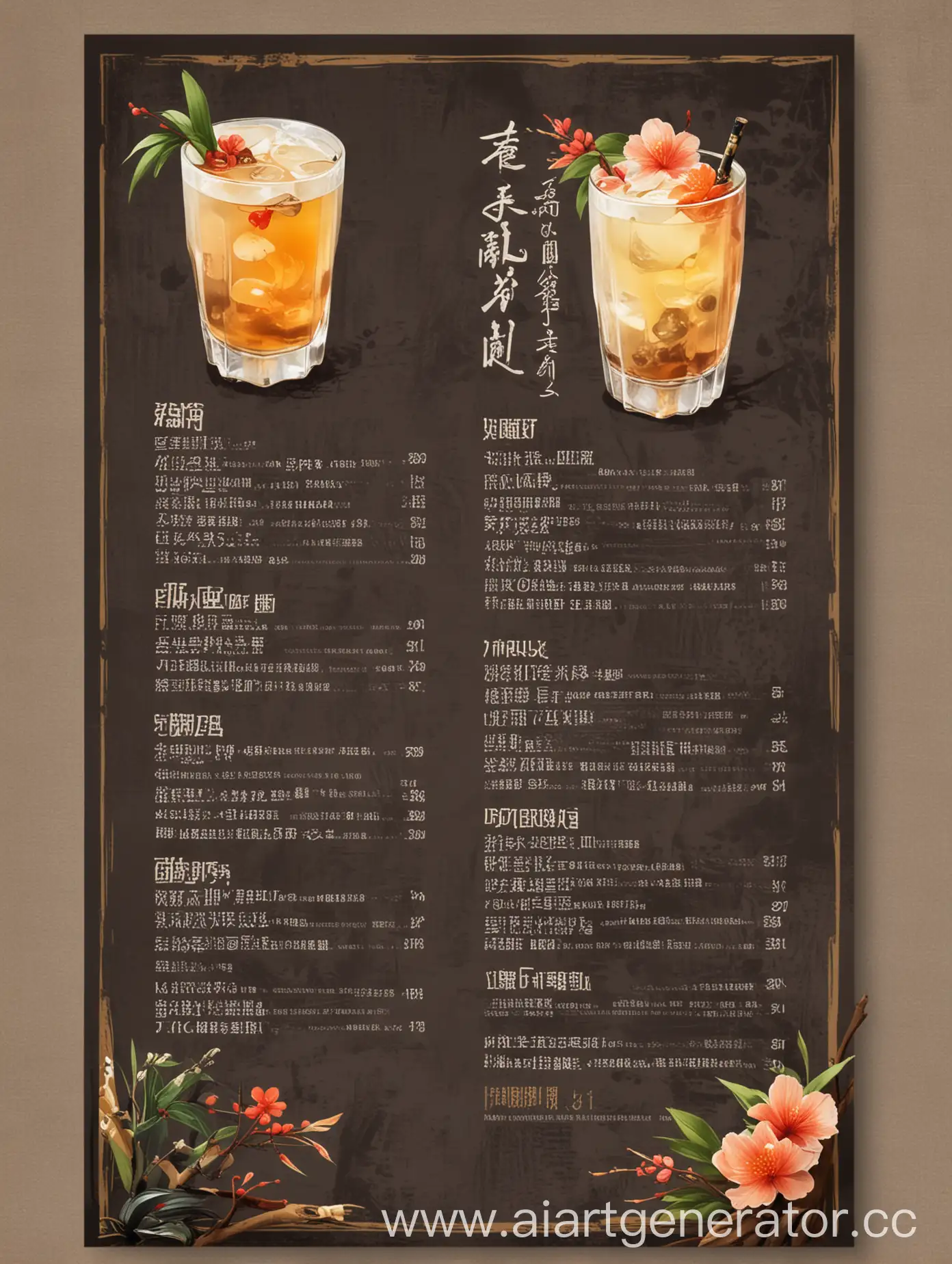 дизайн-макет меню напитков ресторана в азиатском стиле. Меню напитков - саке, традиционный японский чай и коктейли. Рядом с текстом изображение напитка, указанное в меню. Шрифт и изображения крупные.