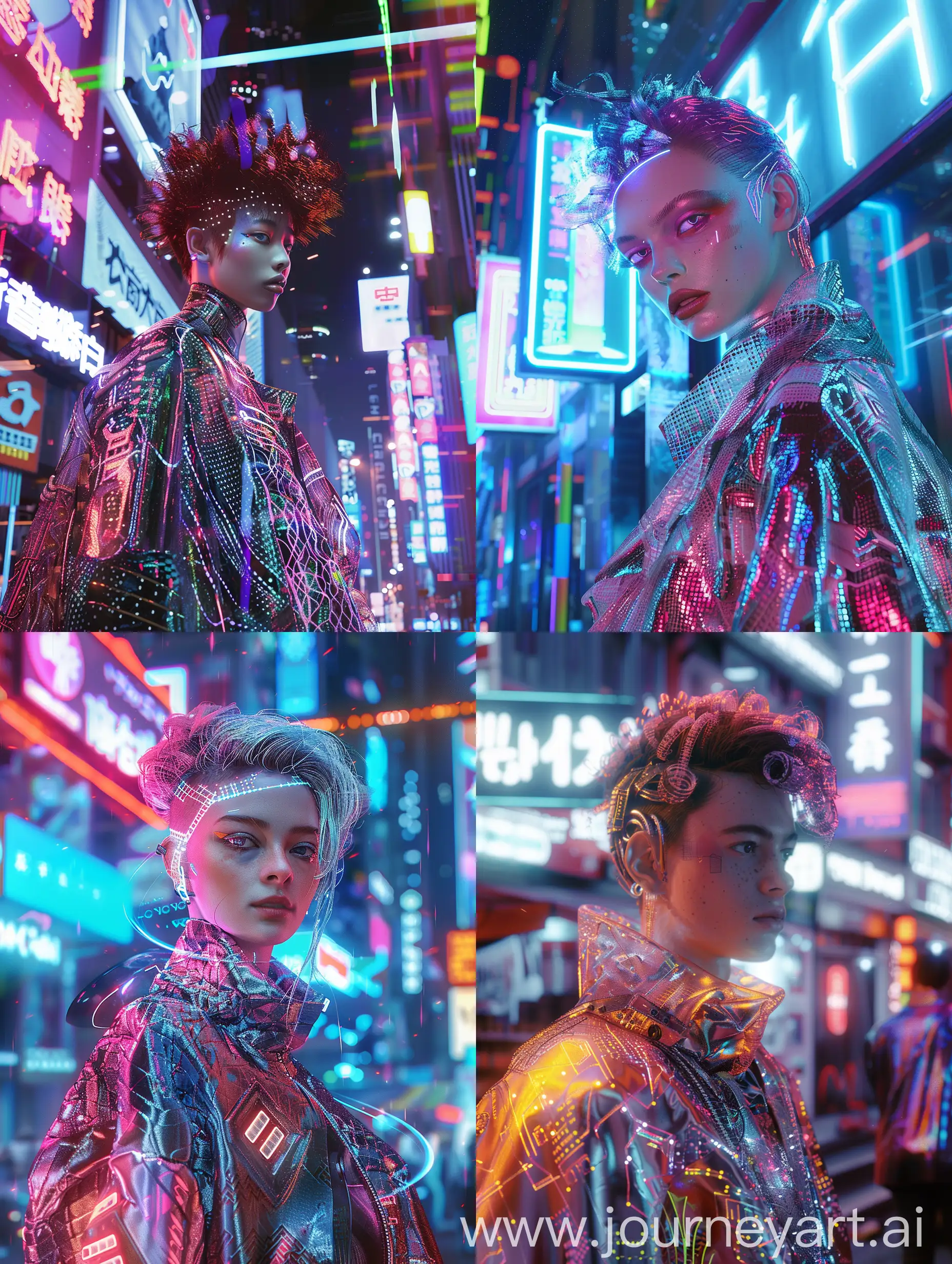 “Create an image of a modern idol with a slightly sci-fi aesthetic. The idol should have an aura of futuristic elegance, blending cutting-edge fashion with a hint of advanced technology. The scene is set in a sleek, high-tech urban environment, with glowing neon lights and holographic billboards in the background. The idol is dressed in a stylish outfit that combines metallic fabrics and avant-garde design elements, featuring intricate patterns and subtle lighting effects integrated into the clothing. Their hair is styled in a contemporary, eye-catching manner, with vibrant, futuristic colors. The overall look should be realistic, as if the image was captured in a professional photoshoot, showcasing the idol’s charisma and the advanced, near-future setting. Ensure the lighting and shadows are well-balanced to enhance the realism and high-quality appearance of the image.”