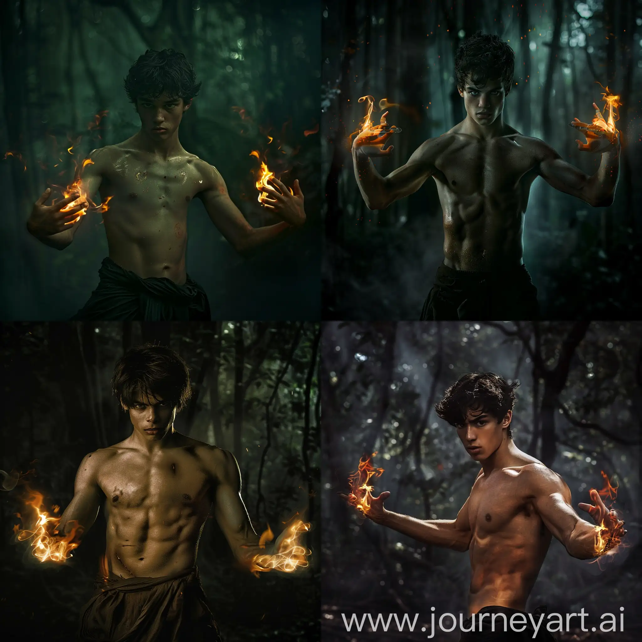 DarkHaired-Shirtless-Man-with-Fiery-Palms-Stands-Defensively-in-Forest