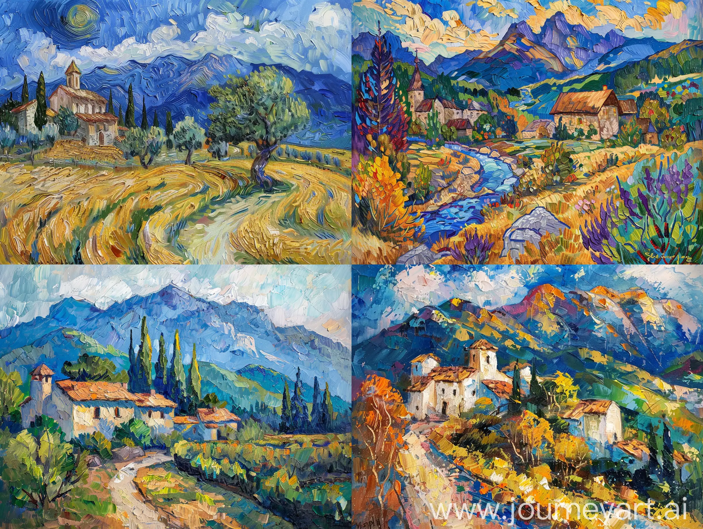 Village-Landscape-by-the-Mountains-in-Van-Gogh-Style