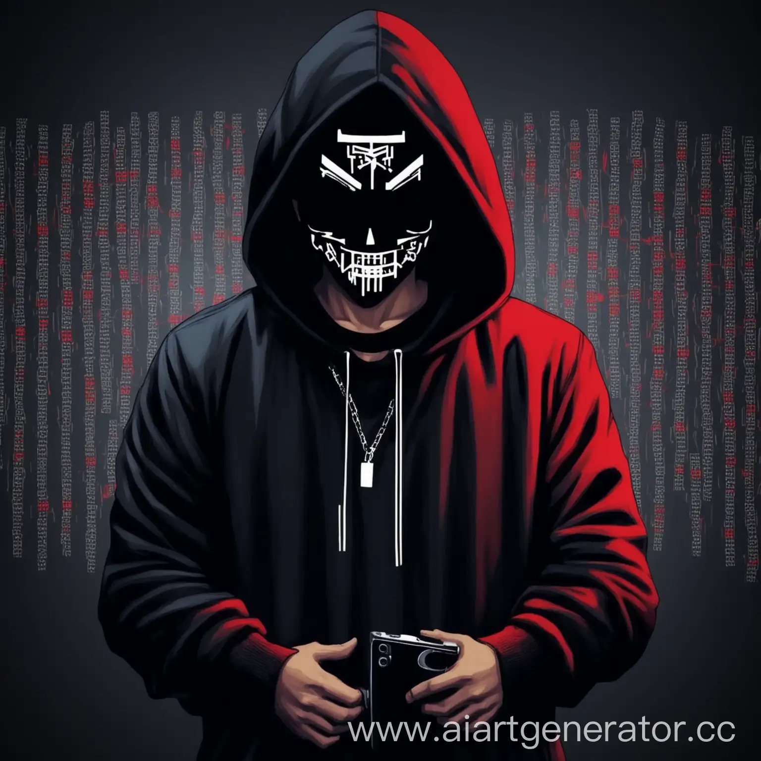 Парень гангстер в масте с тату ✮sᴛᴋ✮ на фоне хакеров