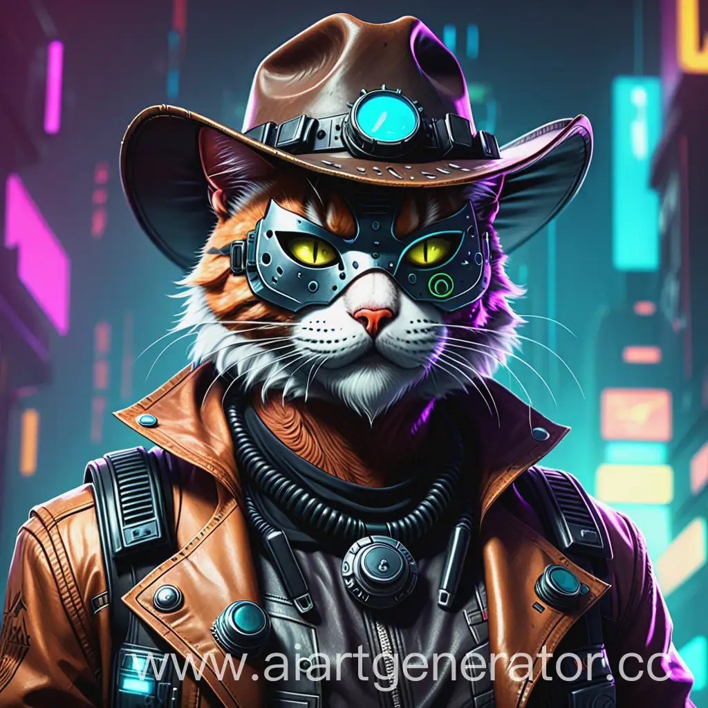 Крутой кот в маске и ковбойской шляпе в стиле киберпанк