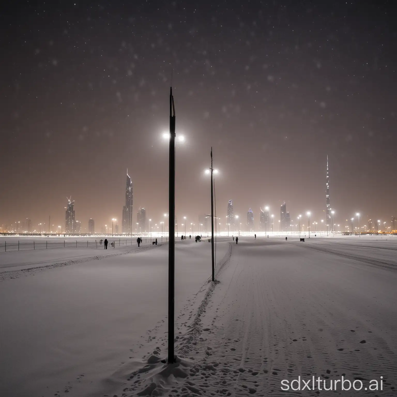 Dubai beleuchtet bei Nacht mit meterhohem Schnee