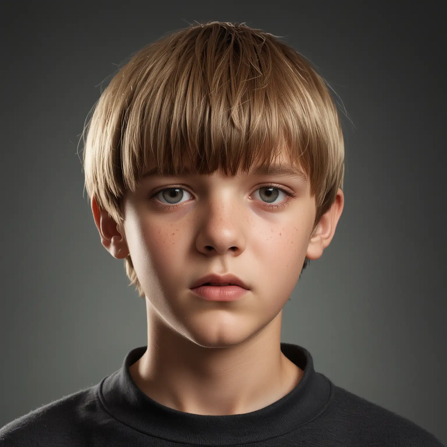 Studio Quality Headshot of ElevenYearOld Boy with Shiny Bowl Cut Hair