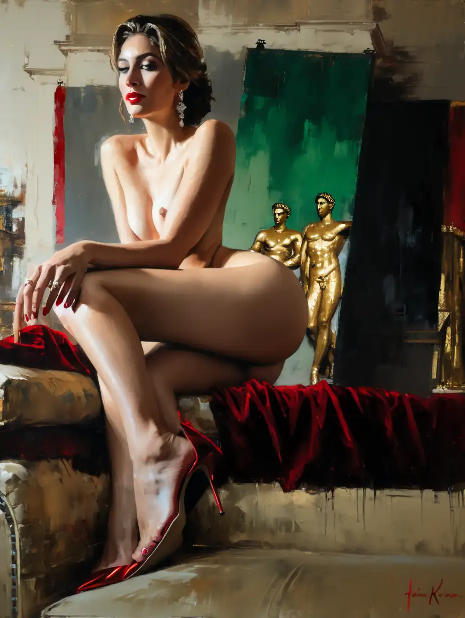 (an expressive painting:1.2), (large strokes style), palette knife style, light leaks , (Fabian Perez , Andre Kohn style:1.3) , ((naked woman:1.3)) , smirk , high heel , chignon hair style , sitting on sofa in a sumptuous ancient Caesar Roman palace, decorated with (red velvet curtains) ((on the walls:1.3)) , real colors , bokeh background