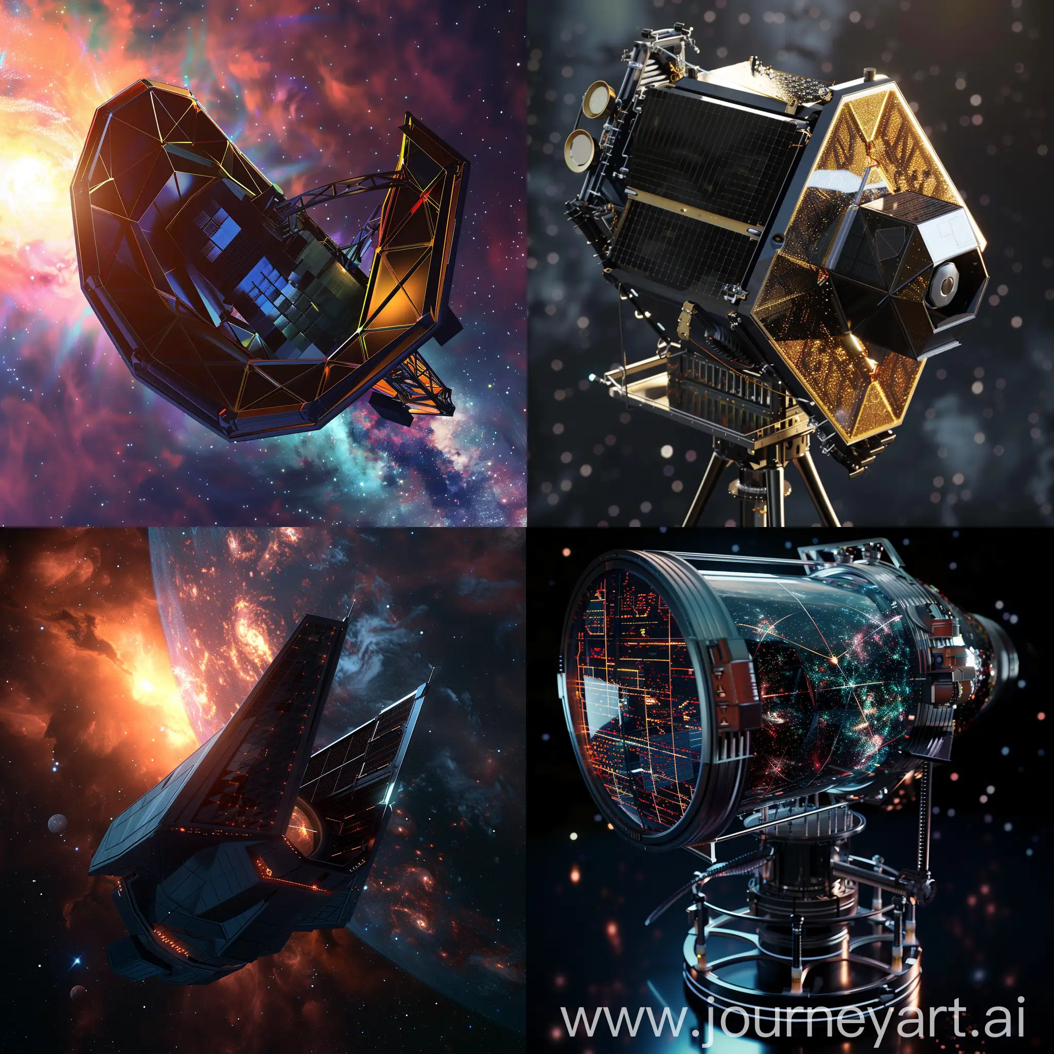 Sci-Fi space telescope, Advanced Science and Technology, Adaptive Optics, Quantum Detectors, AI-Driven Data Analysis, Nanomaterials, Exoplanet Spectroscopy, Ultra-Long Baseline Interferometry, Dark Matter Mapping, Gravitational Wave Detectors, Time-Dilation Cameras, Quantum Communication, Solar Sail, Self-Healing Materials, Advanced Thermal Control, Electromagnetic Shielding, Aerogel Insulation, Modular Design, Photon Pressure Paddles, Spacecraft Docking Capability, Holographic Light Sails, Quantum Entanglement Positioning System, Unreal Engine 5, Autodesk Maya, Autodesk 3Ds Max --stylize 1000