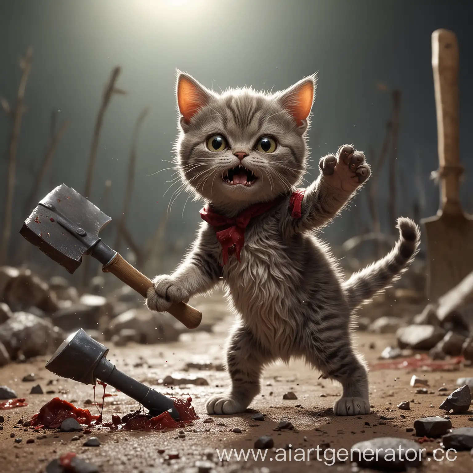 Adorable-Cat-Defending-Against-Zombie-with-Clawed-Shovel