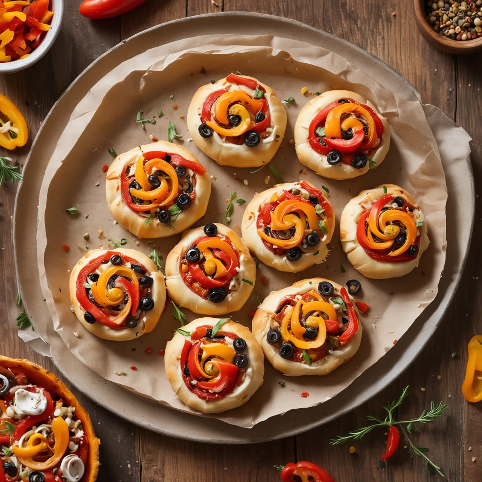 pizza pinwheels with red and yellow bell pepper, olives