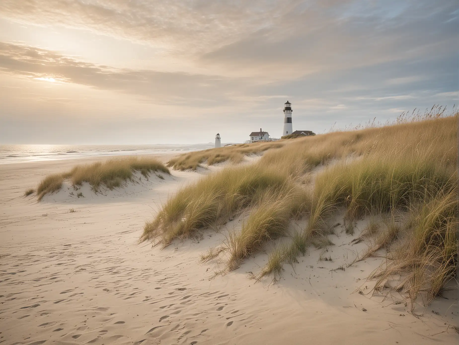Create a tranquil coastal scene with soft, windswept sand dunes in the foreground, featuring delicate, long beach grasses swaying gently. The grasses have a light, golden hue, and the sand displays natural ripples. In the background, there is a slightly blurred classic white lighthouse with a black top, standing tall on a small hill. The horizon is shrouded in a gentle, atmospheric mist, blending seamlessly into the soft, grayish-blue sky and water. Use a muted color palette with shades of beige, gray, and light blue to create a dreamy, ethereal ambiance. The lighting is diffuse, enhancing the serene and peaceful mood of the scene.