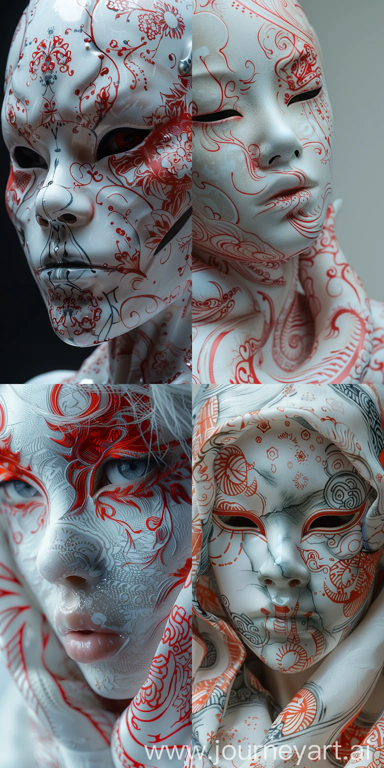 A photo closeup of a mask with white and red patterns on it featuring an Oni doll-style character design, pure white background to create a detailed portrait, taken by DSLR, featuring ultrahigh definition images, ultrarealistic photos, high resolution, and high detail --ar 1:2 --stylize 750