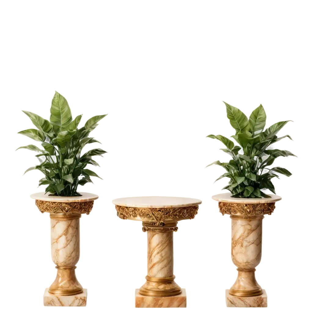 A creamy glossy brown carrara marble podium with golden details. A circular frame on center top made with gold. A glossy beige marble round plate, marble pillars on the sides and decorative plants on vases ornating the podium . all symmetrical and ultra realistic.