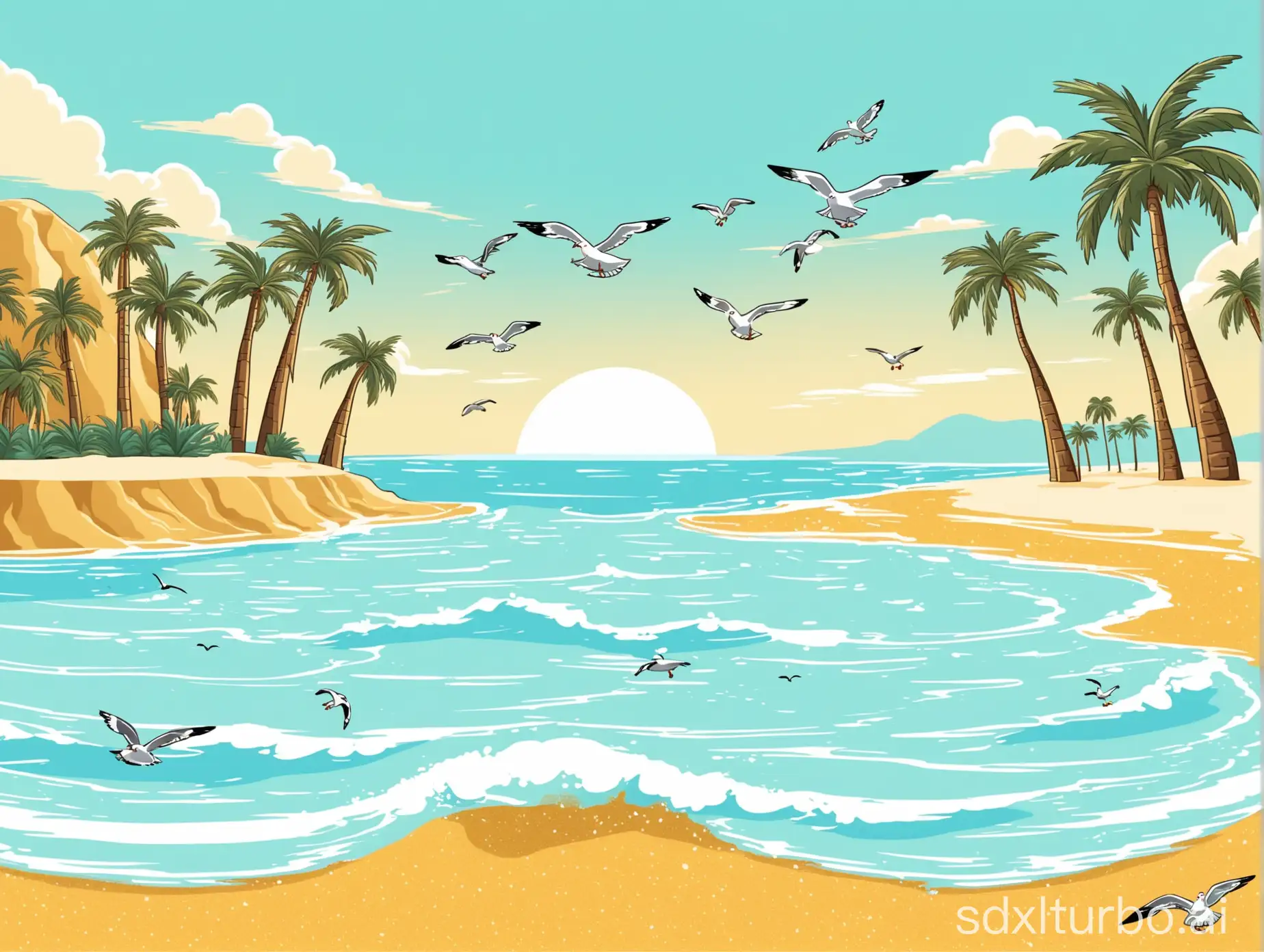 light blue sea water, gold sand beach, with palm trees, a few seagulls, light color scheme, cartoon style