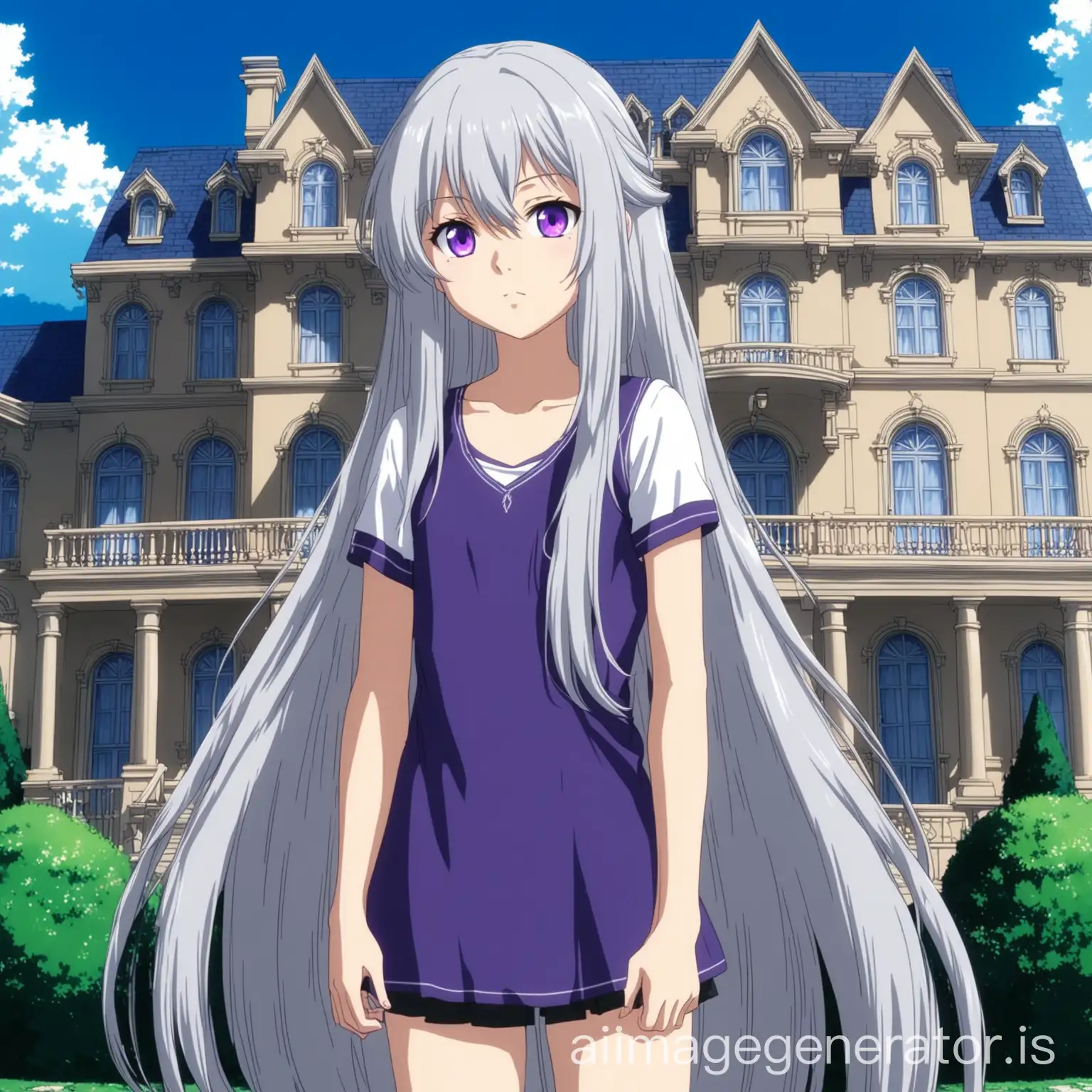A teenage anime girl with long silver hair and purple eyes. Standing in front of her mansion