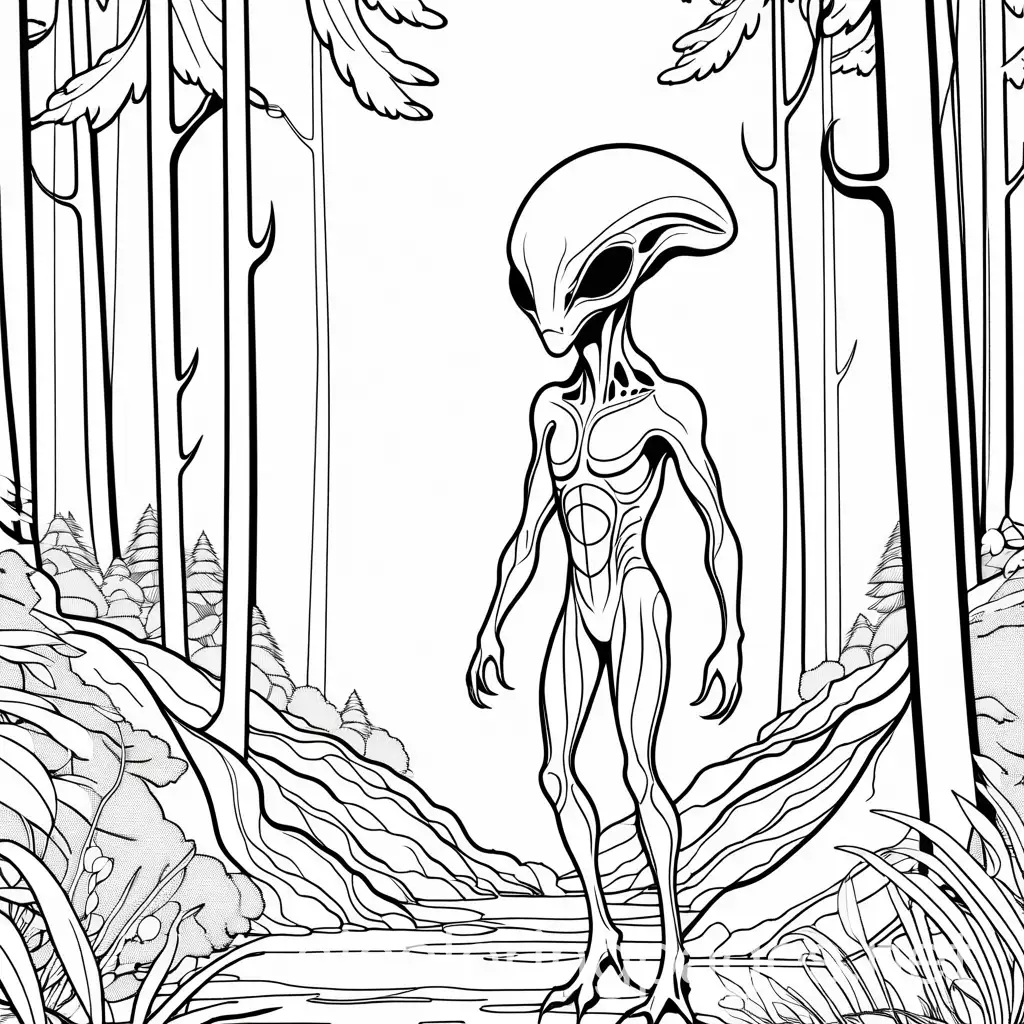 alien in forest, Coloring Page, black and white, line art, white background, Simplicity, Ample White Space. The background of the coloring page is plain white to make it easy for young children to color within the lines. The outlines of all the subjects are easy to distinguish, making it simple for kids to color without too much difficulty