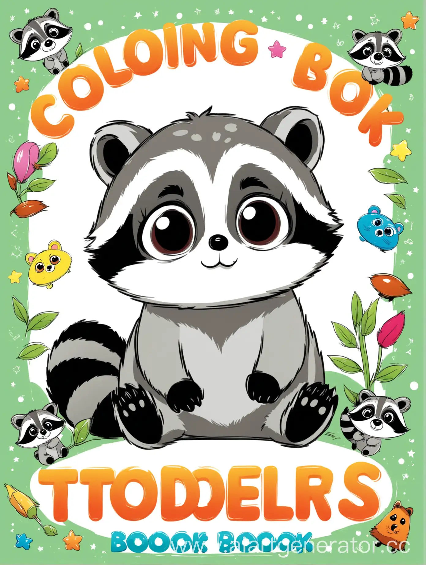 Create a coloring book cover for toddlers in a minimalist style. In the center of the cover should be an image of a cute raccoon with big eyes and a playful expression on its face. The title of the book "Coloring Book for Toddlers" should be written at the top of the cover in large and attractive font.